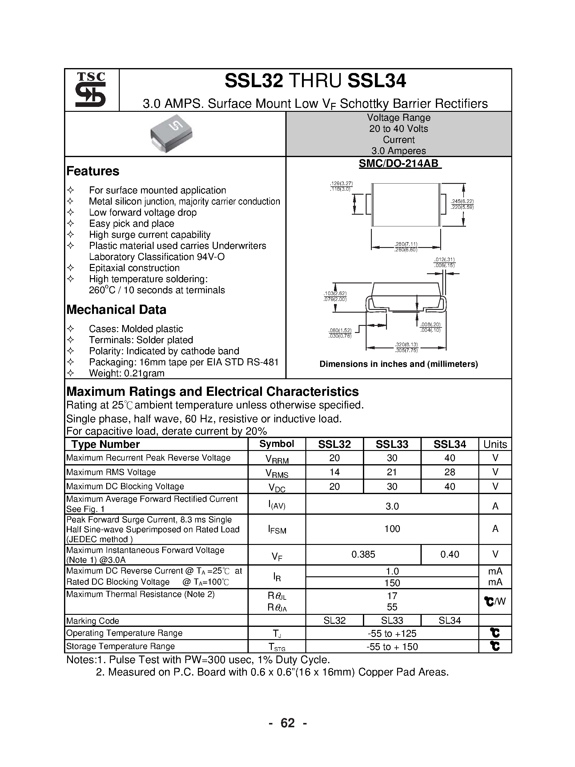 Datasheet SSL32 - (SSL32 - SSL34) 3.0 AMPS. Surface Mount Low VF Schottky Barrier Rectifiers page 1