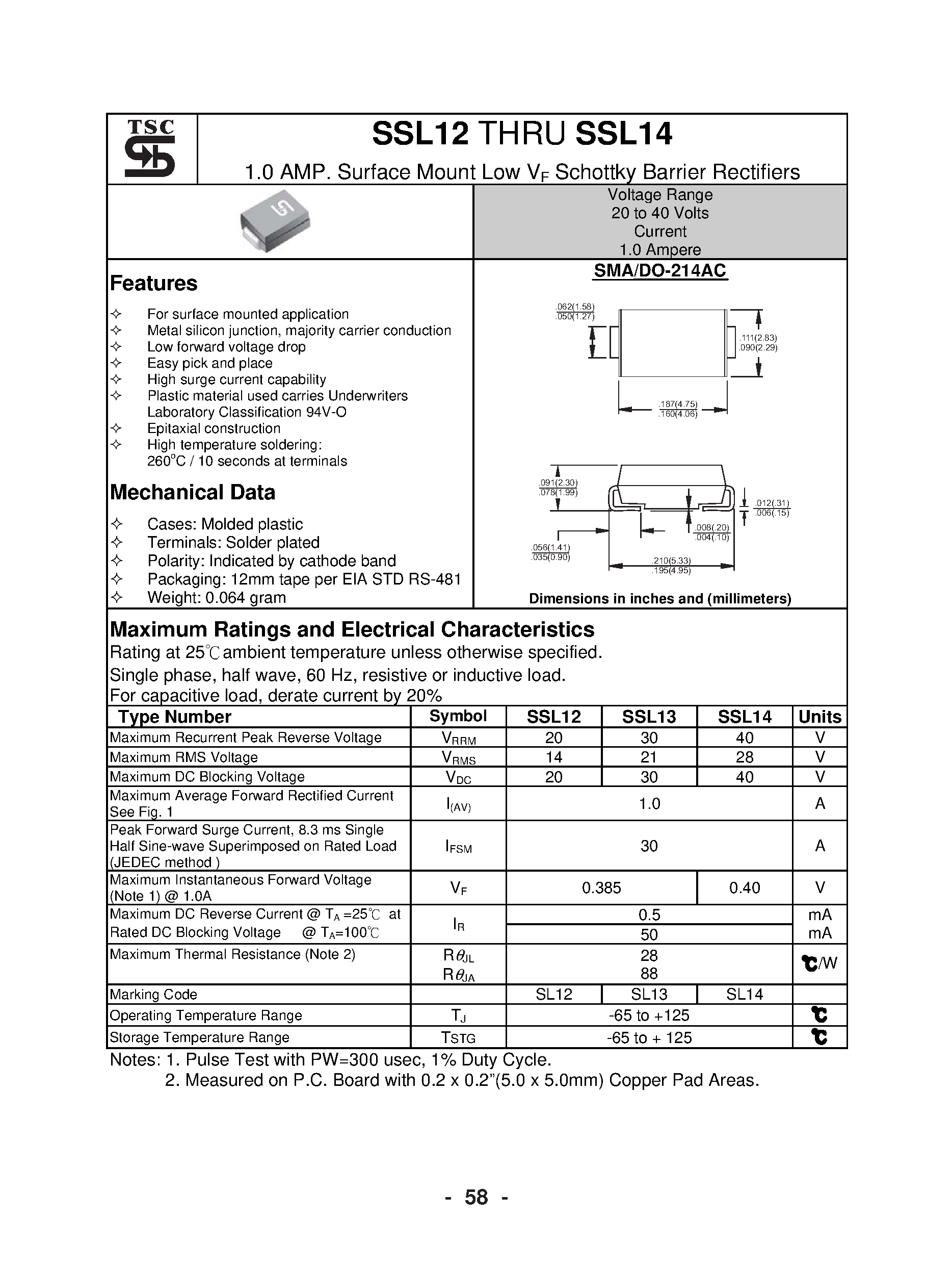 Datasheet SSL12 - (SSL12 - SSL14) 1.0 AMP. Surface Mount Low VF Schottky Barrier Rectifiers page 1