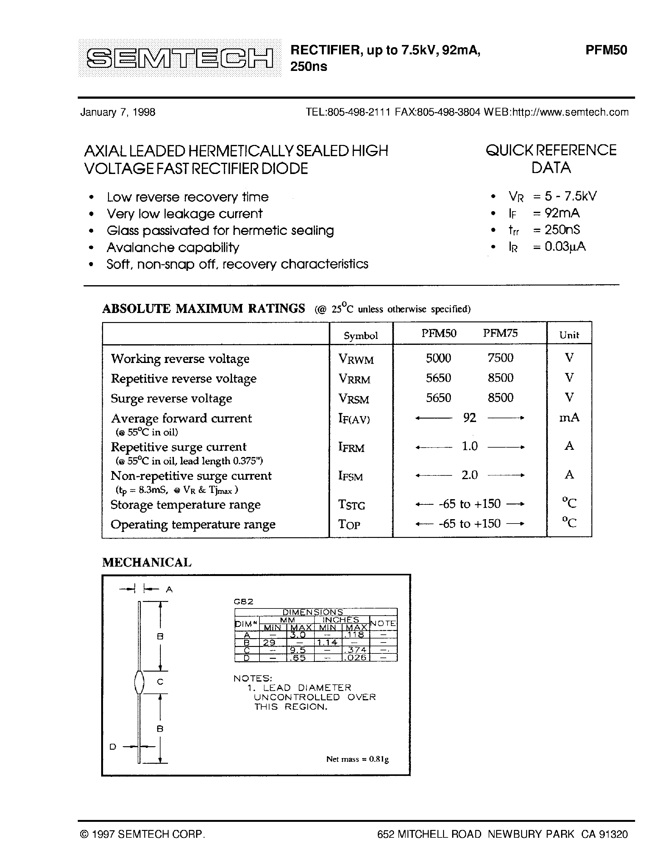 Даташит PFM75 - Axial Leaded Hermetically Sealed High Voltage Fast Rectifier Diode страница 1