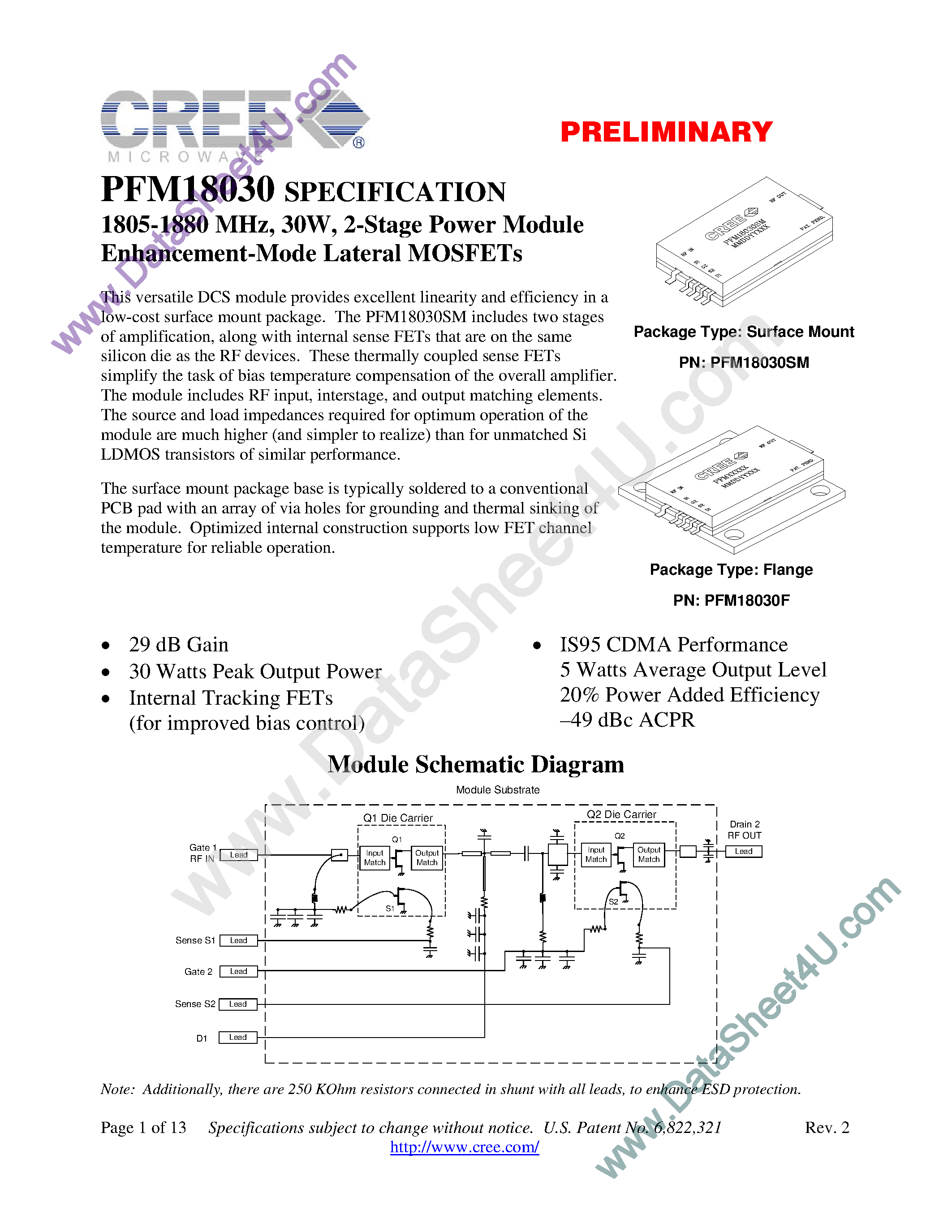 Datasheet PFM18030 - 2-Stage Power Module Enhancement-Mode Lateral MOSFETs page 1