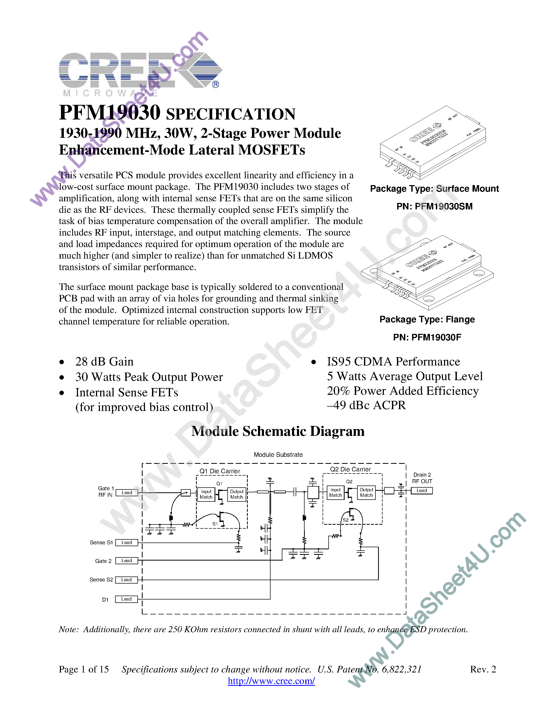 Datasheet PFM19030 - 2-Stage Power Module Enhancement-Mode Lateral MOSFETs page 1