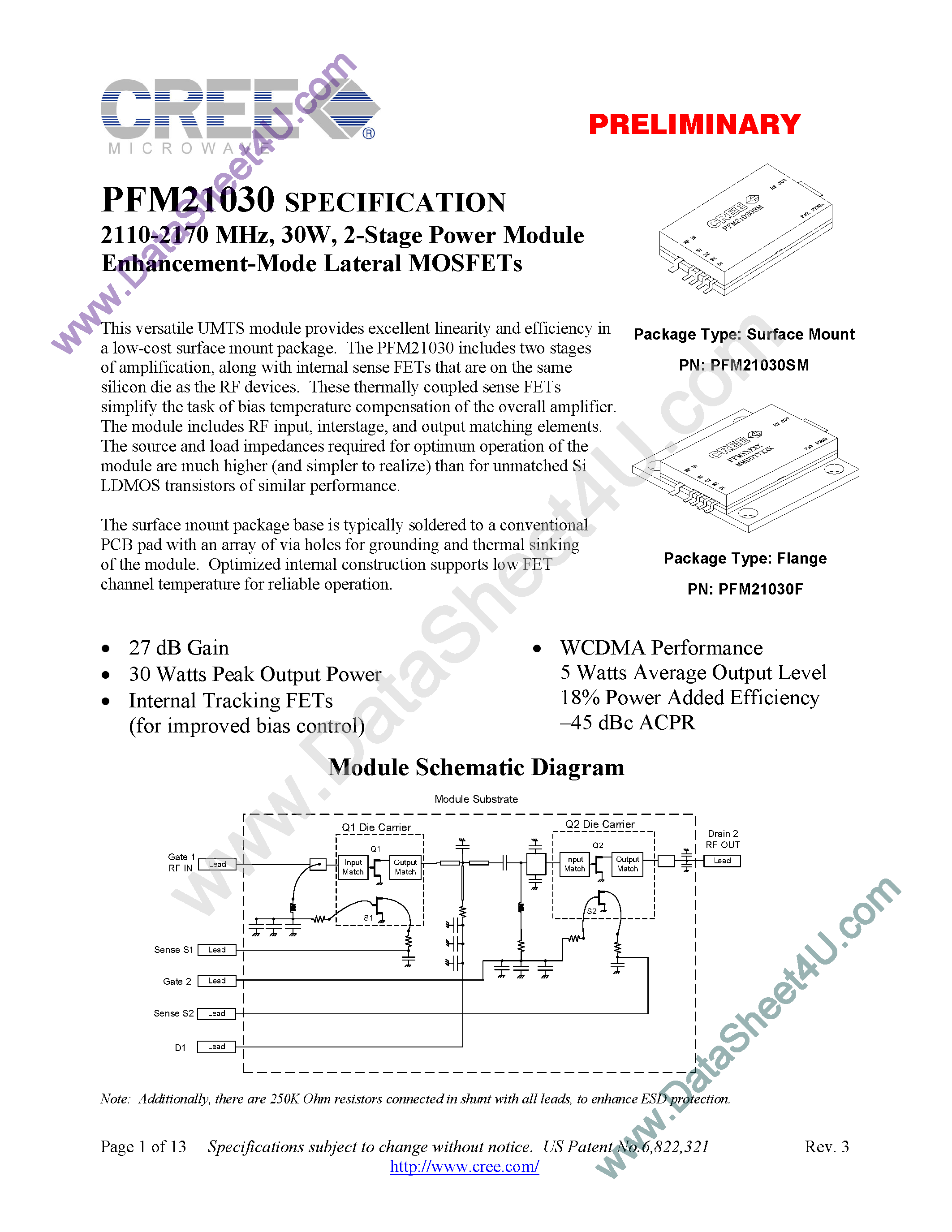 Datasheet PFM21030 - 2-Stage Power Module Enhancement-Mode Lateral MOSFETs page 1
