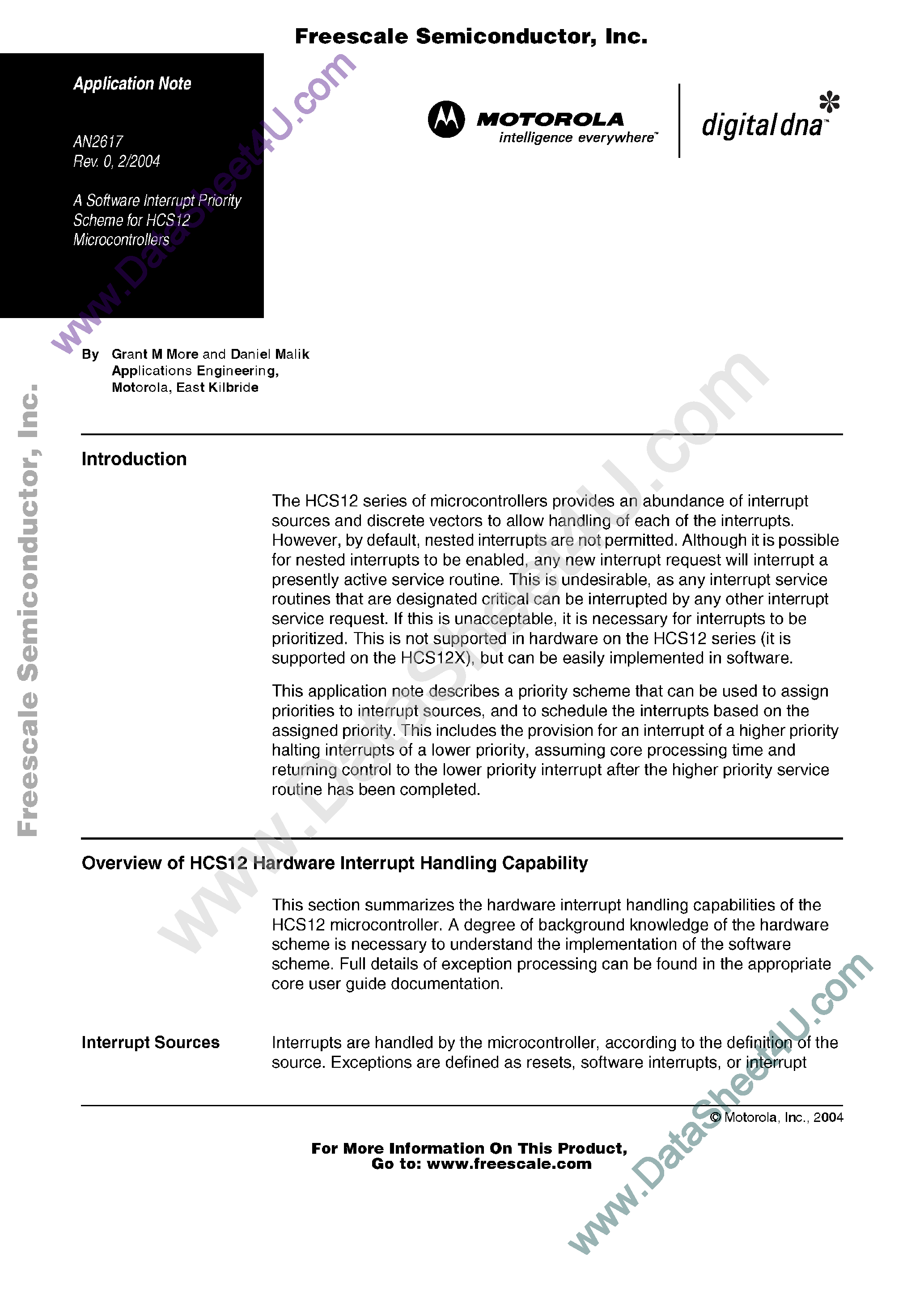 Datasheet AN2617 - A Software Interrupt Priority Scheme for HCS12 Microcontrollers page 1