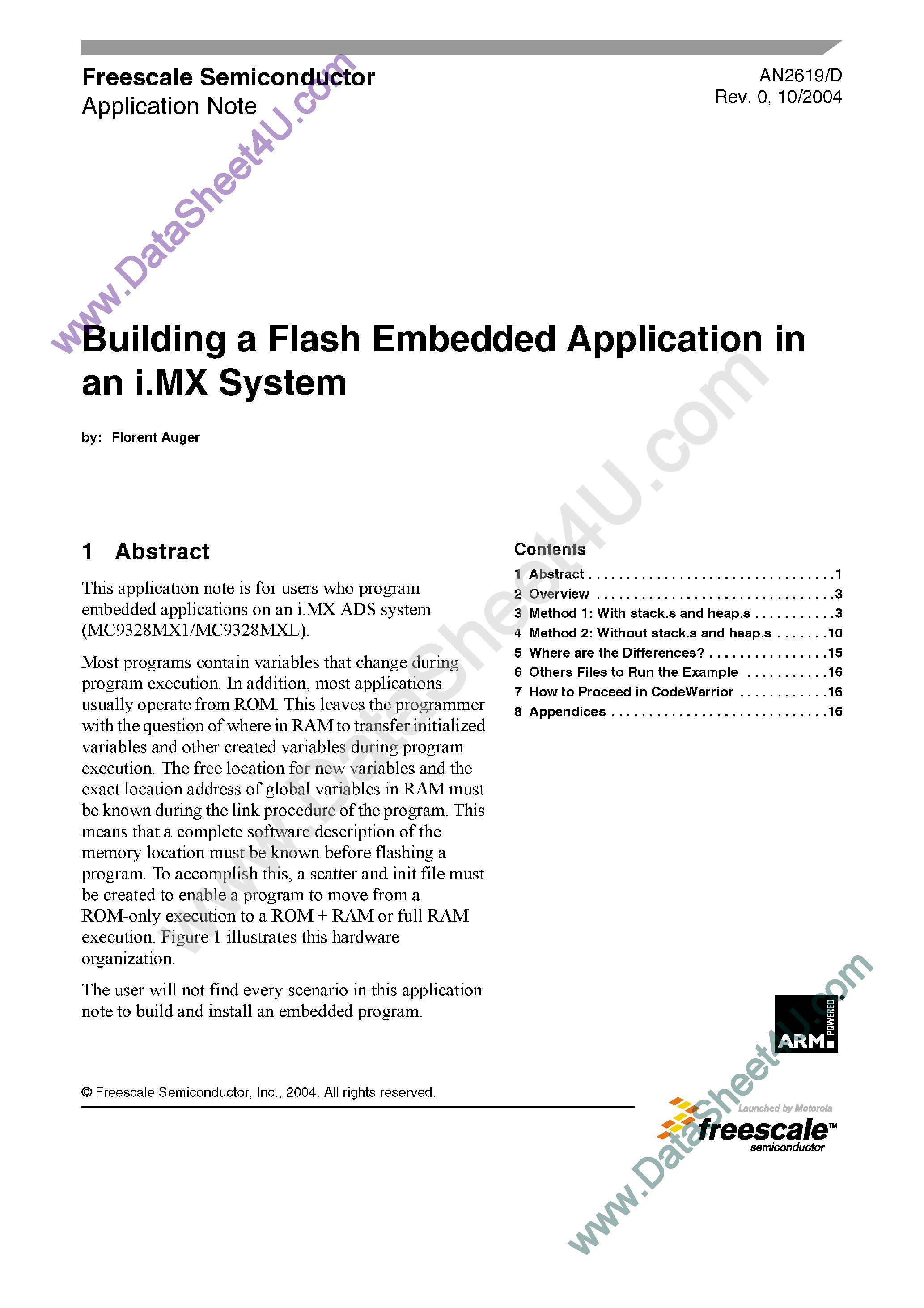 Datasheet AN2619 - Building a Flash Embedded Application in an i.MX System page 1