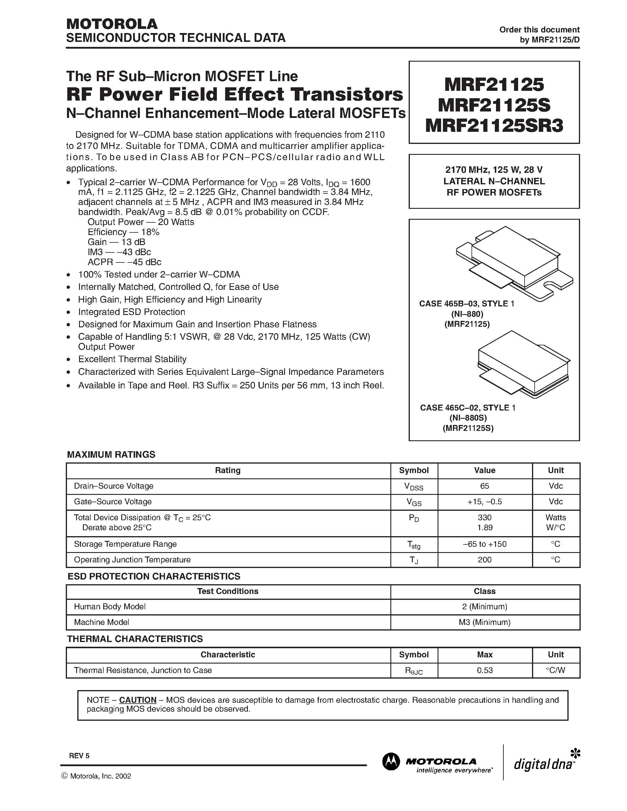 Даташит MRF21125 - RF POWER FIELD EFFECT TRANSISTORS страница 1