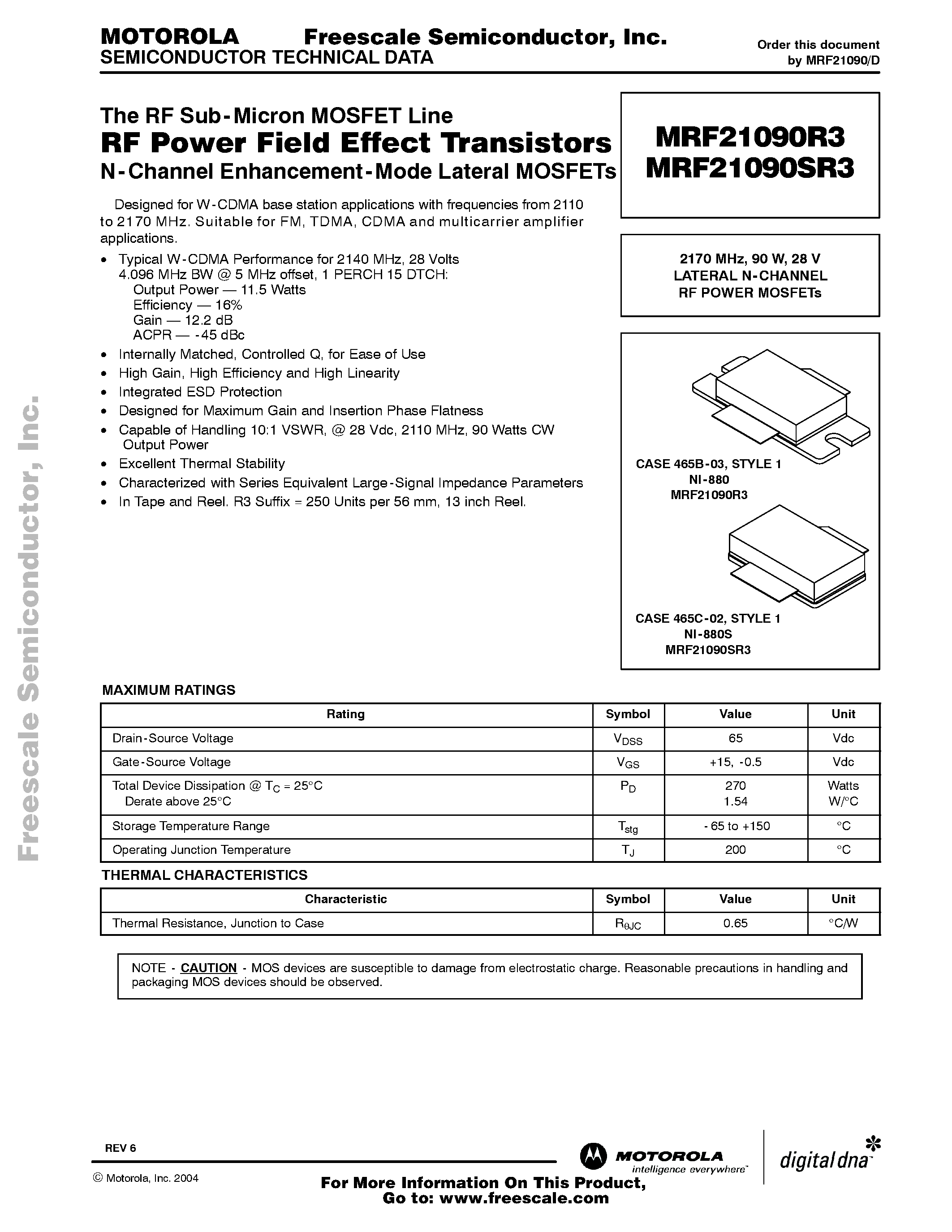 Datasheet MRF21090R3 page 1 Datasheet MRF21090R3 - RF Power Field Effect Transistors page 1