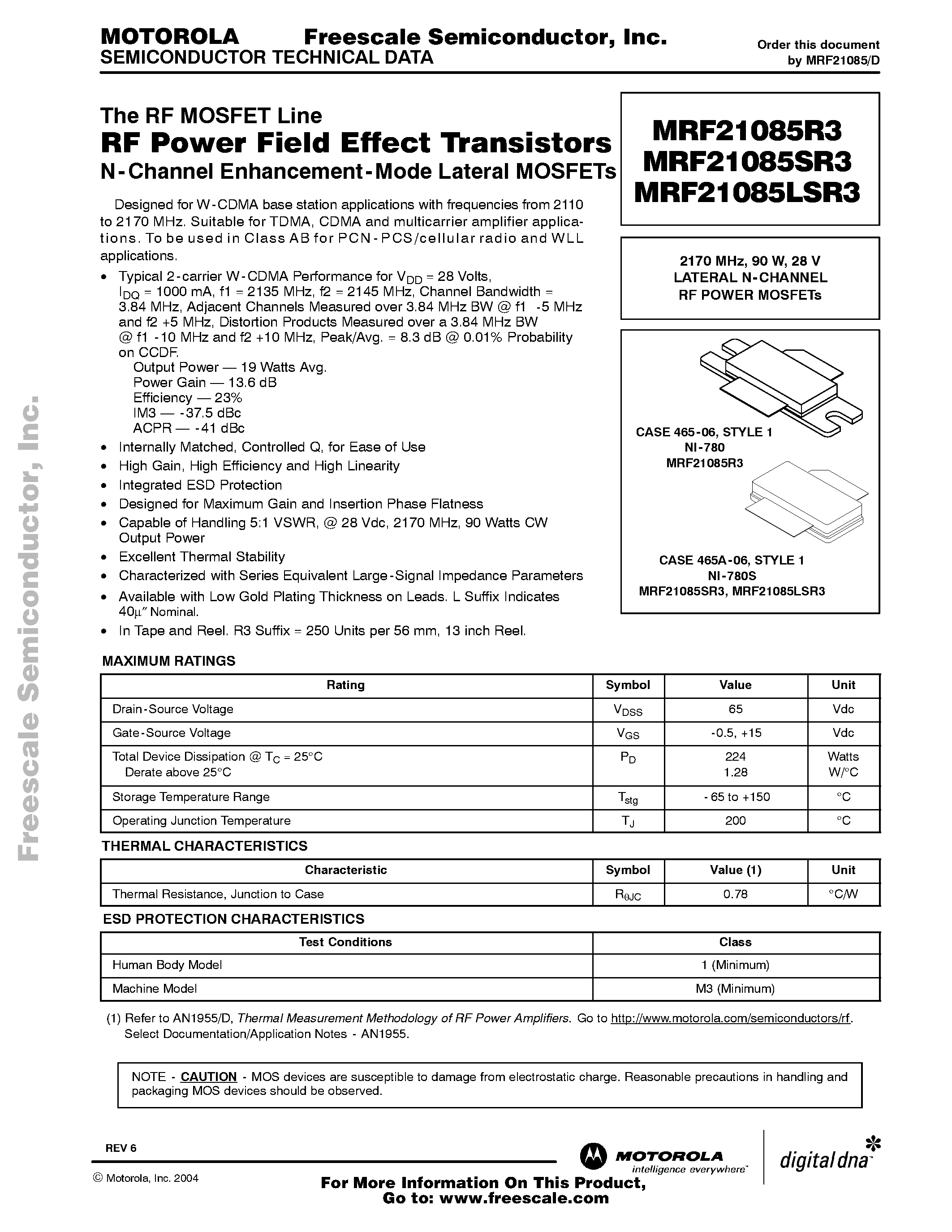 Datasheet MRF21085LSR3 page 1 Datasheet MRF21085LSR3 - RF Power Field Effect Transistors page 1