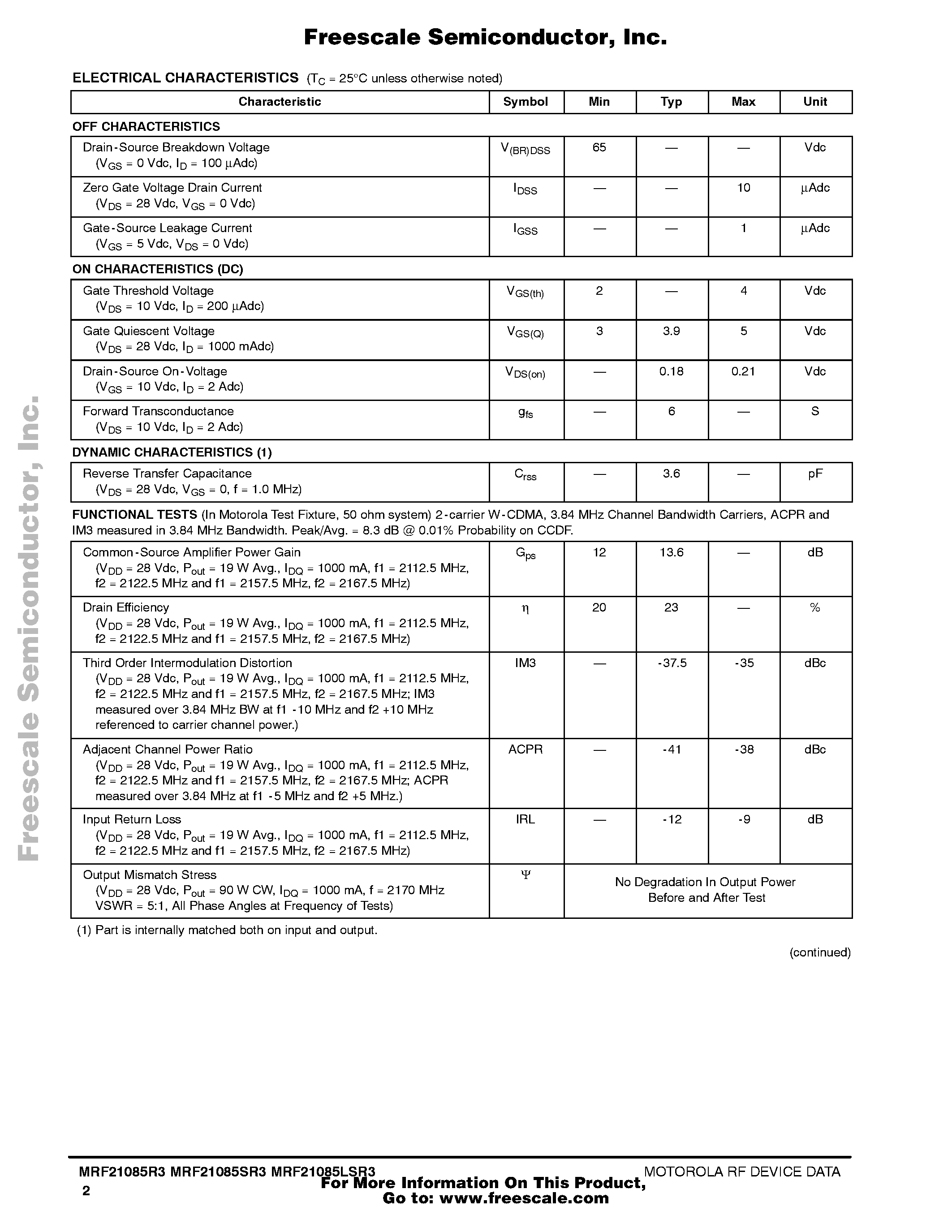 Datasheet MRF21085LSR3 page 2 Datasheet MRF21085LSR3 - RF Power Field Effect Transistors page 2