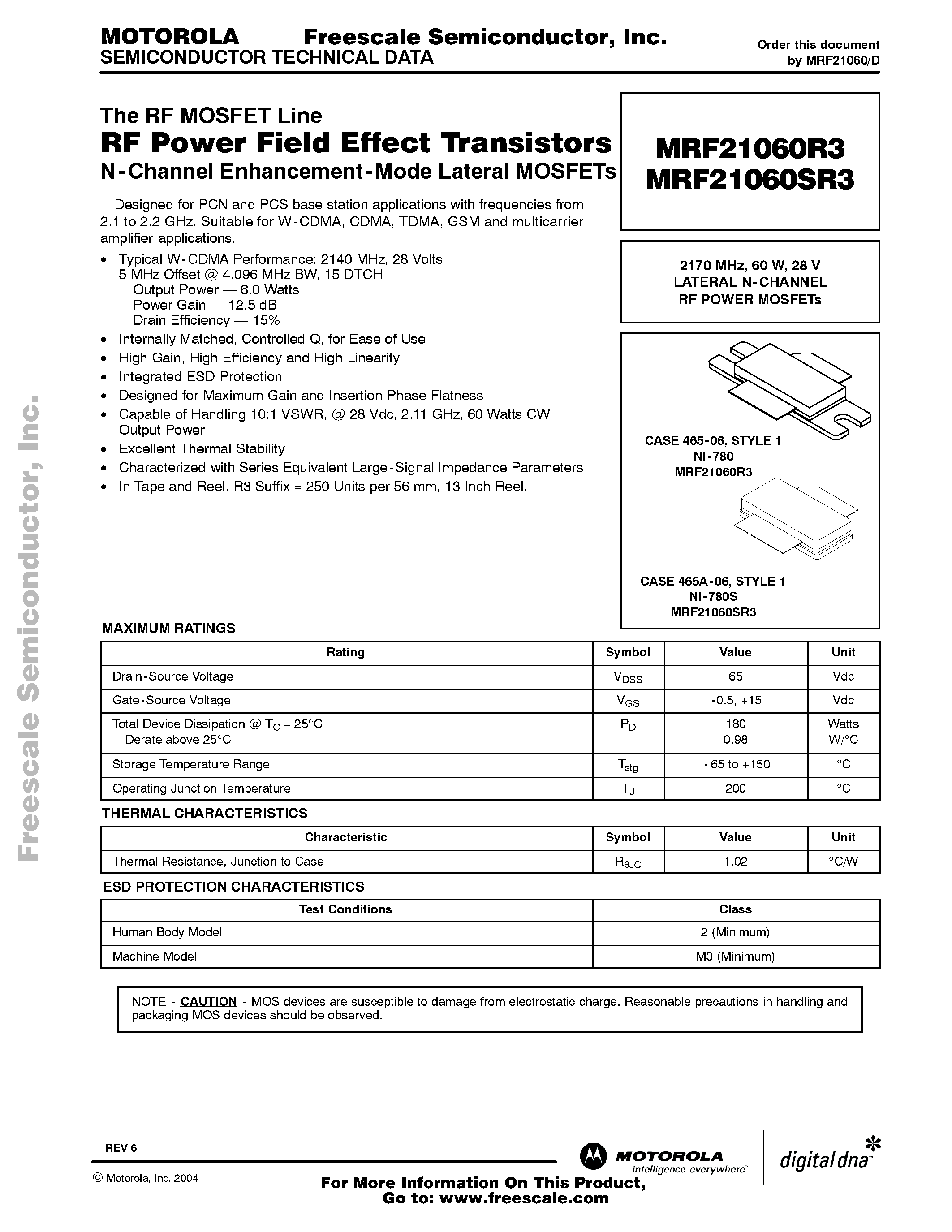 Datasheet MRF21060R3 page 1 Datasheet MRF21060R3 - RF Power Field Effect Transistors page 1