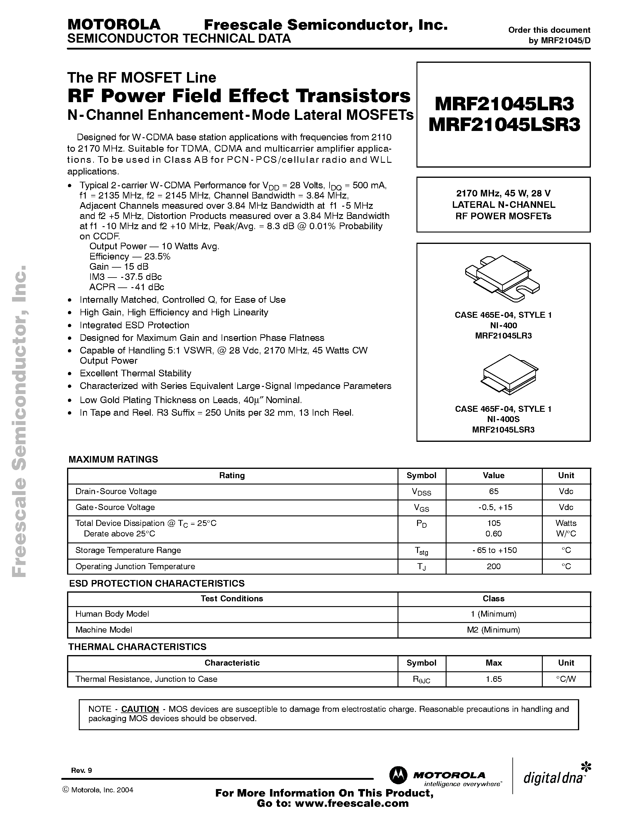 Datasheet MRF21045LR3 page 1 Datasheet MRF21045LR3 - RF Power Field Effect Transistors page 1