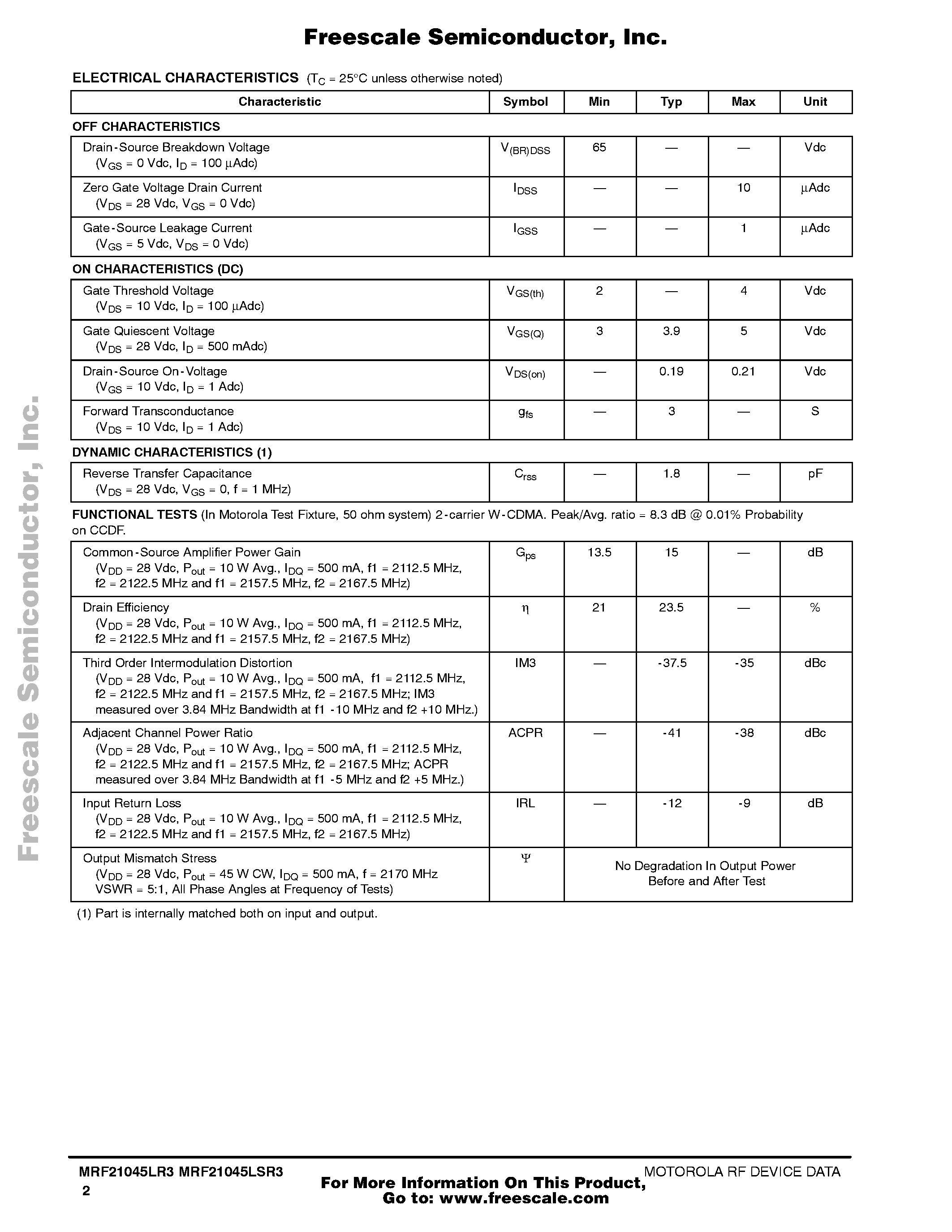Datasheet MRF21045LR3 page 2 Datasheet MRF21045LR3 - RF Power Field Effect Transistors page 2