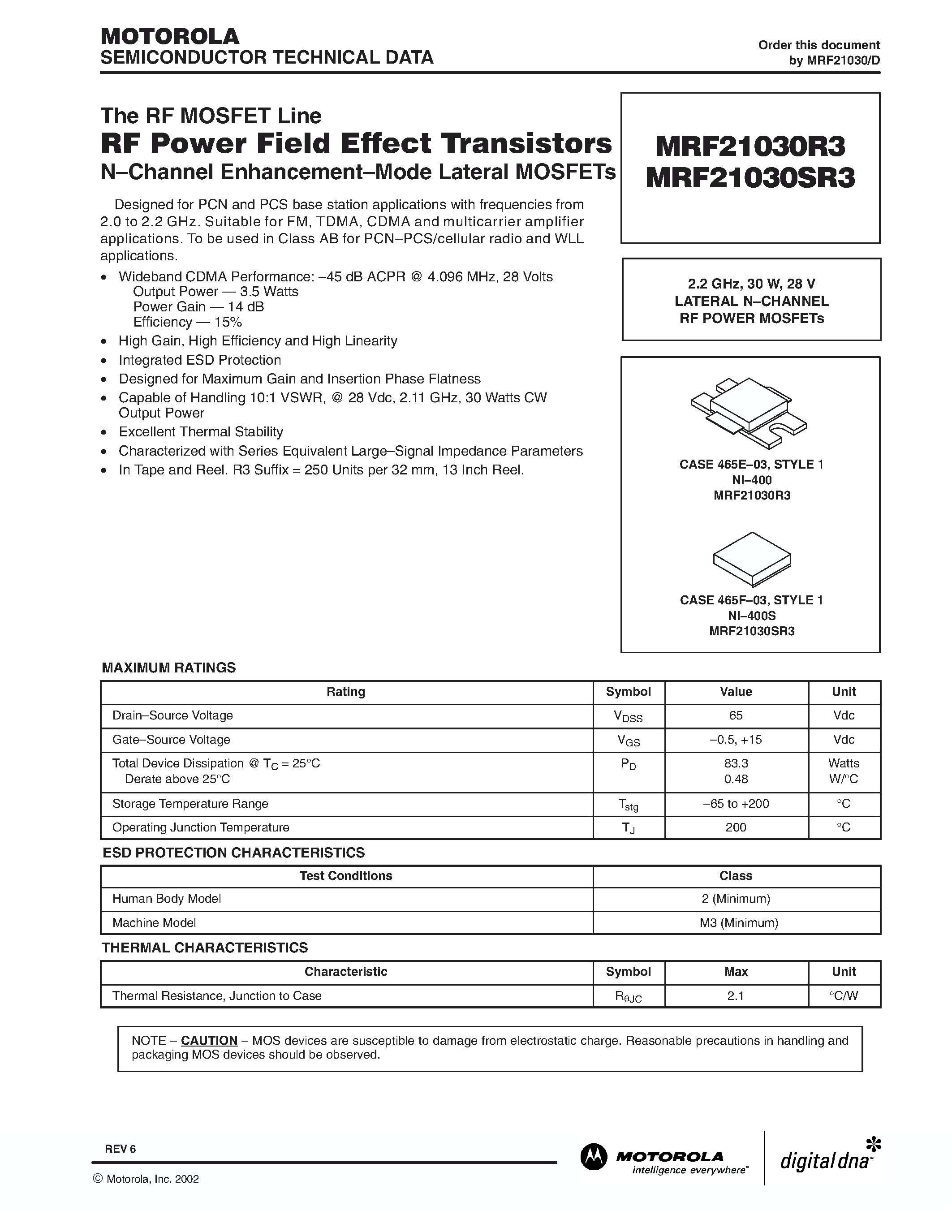 Datasheet MRF21030SR3 - RF POWER FIELD EFFECT TRANSISTORS N-CHANNEL ENANCEMENT- MODE LATERAL MOSFETS page 1