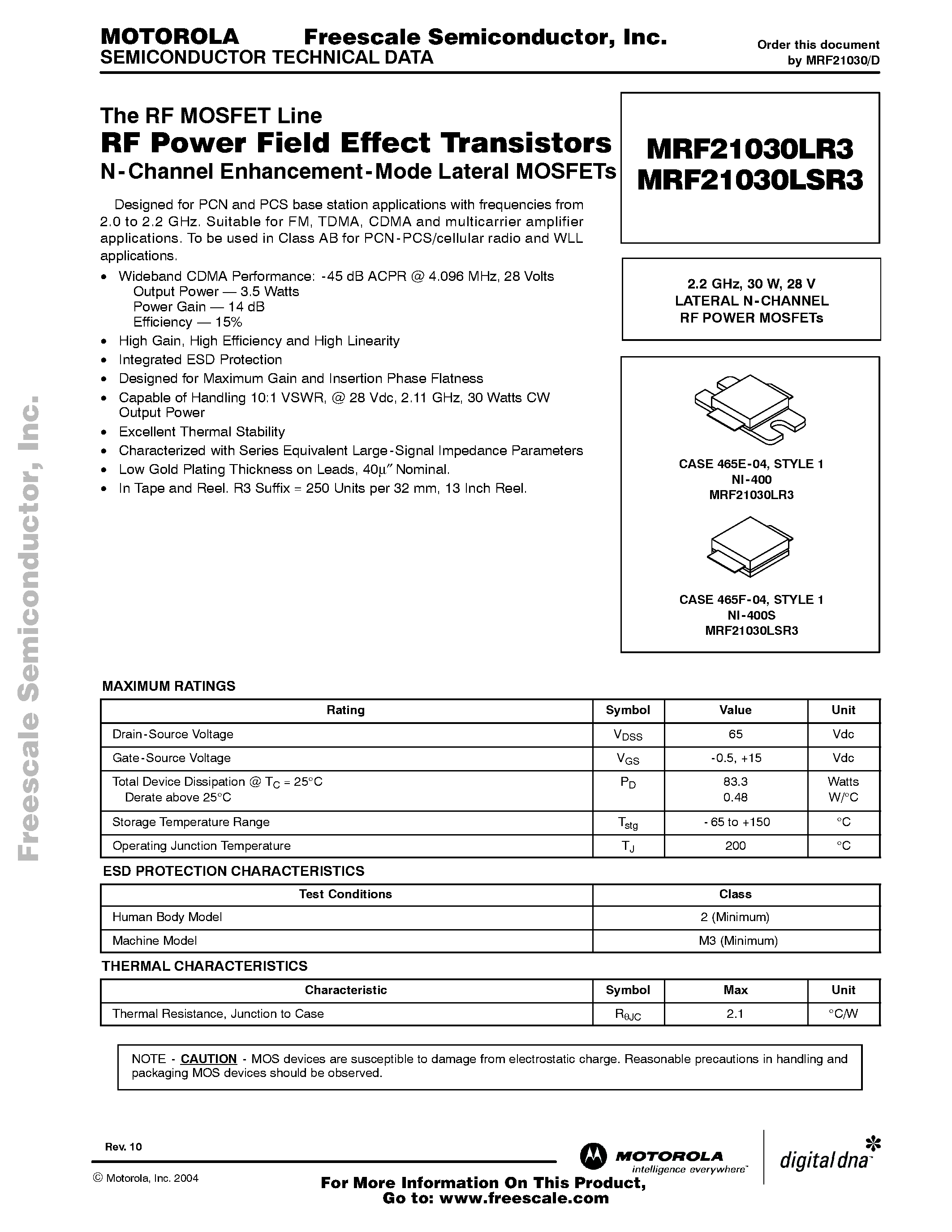 Даташит на микросхему MRF21030LR3 страница 1 Даташит MRF21030LR3 - RF Power Field Effect Transistors страница 1