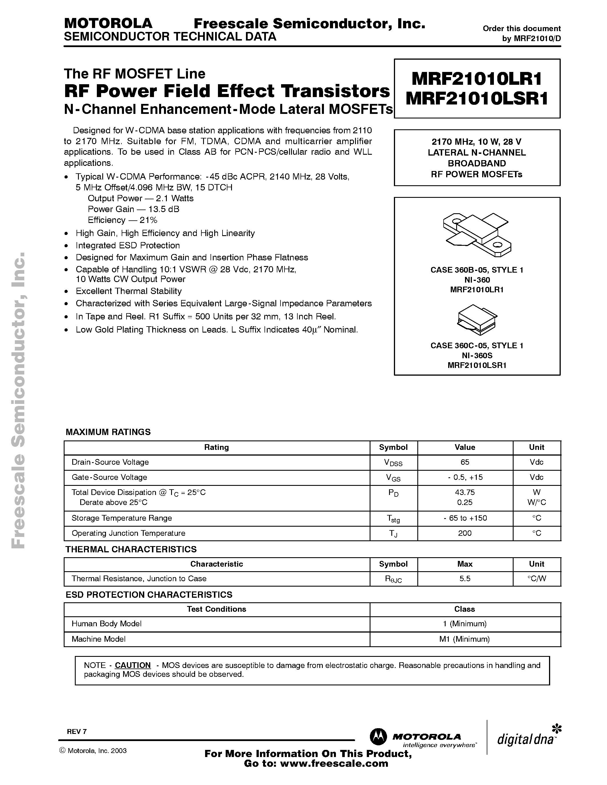 Datasheet MRF21010LSR1 - RF Power Field Effect Transistors N-Channel Enhancement-Mode Lateral MOSFETs page 1