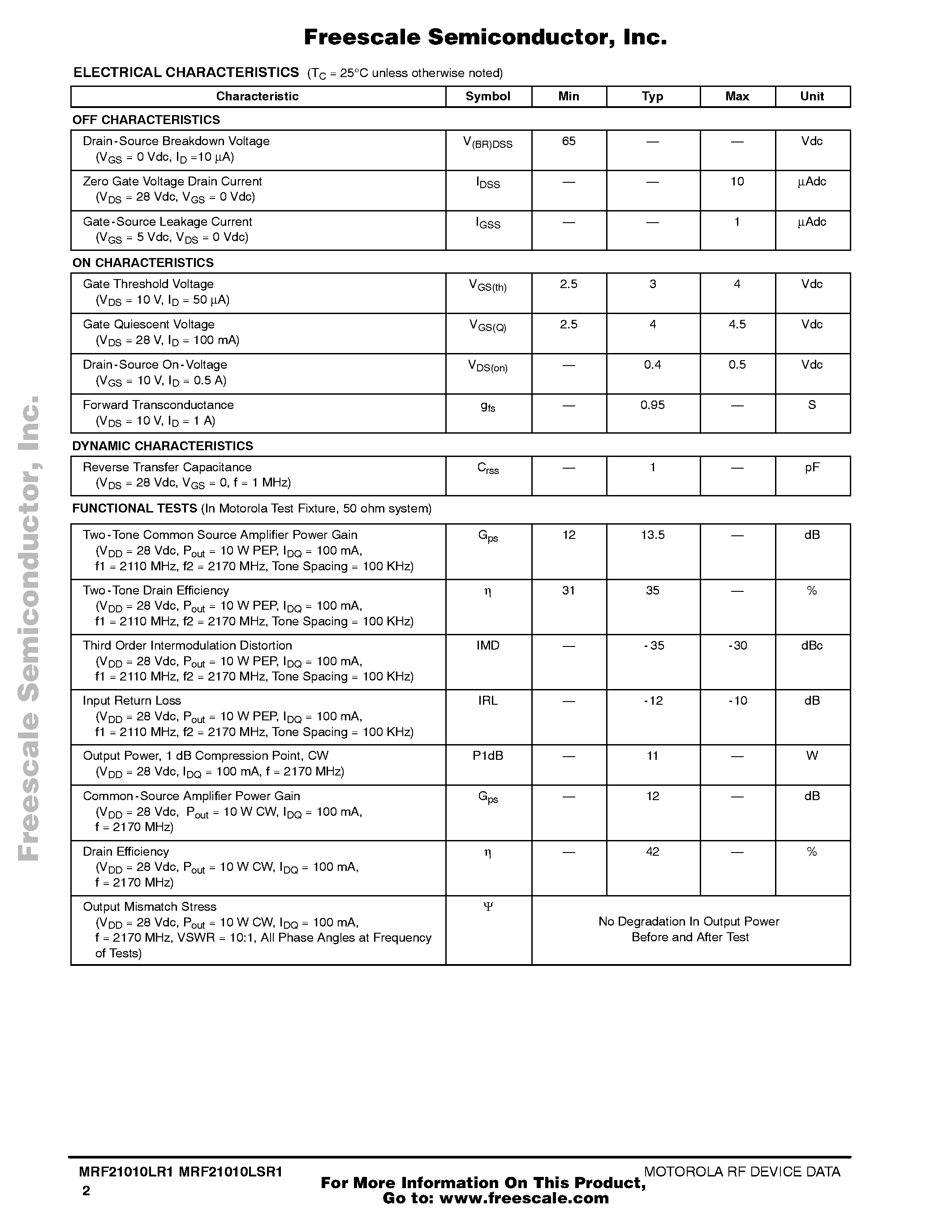 Datasheet MRF21010LSR1 - RF Power Field Effect Transistors N-Channel Enhancement-Mode Lateral MOSFETs page 2