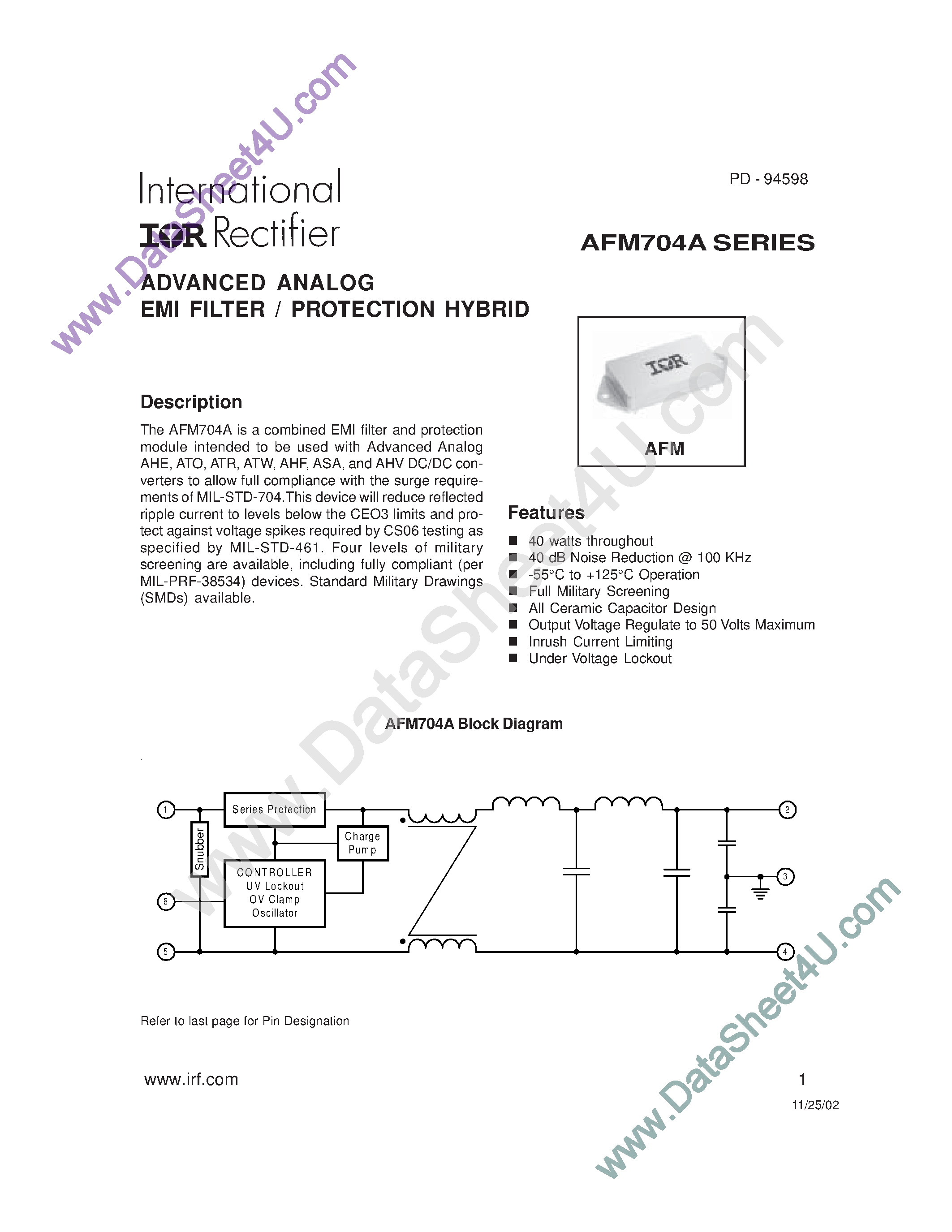 Datasheet AFM704A - Advanced Analog EMI Filter / Protection Hybrid page 1