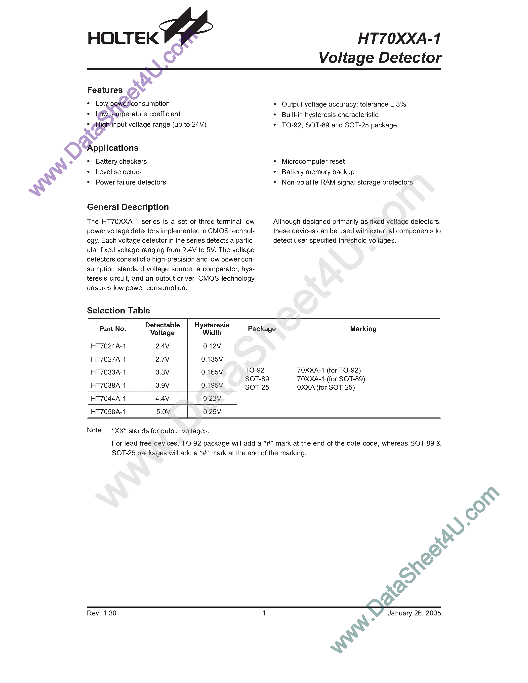 Datasheet HT7024A-1 - (HT70xxA-1) Voltage Detector page 1