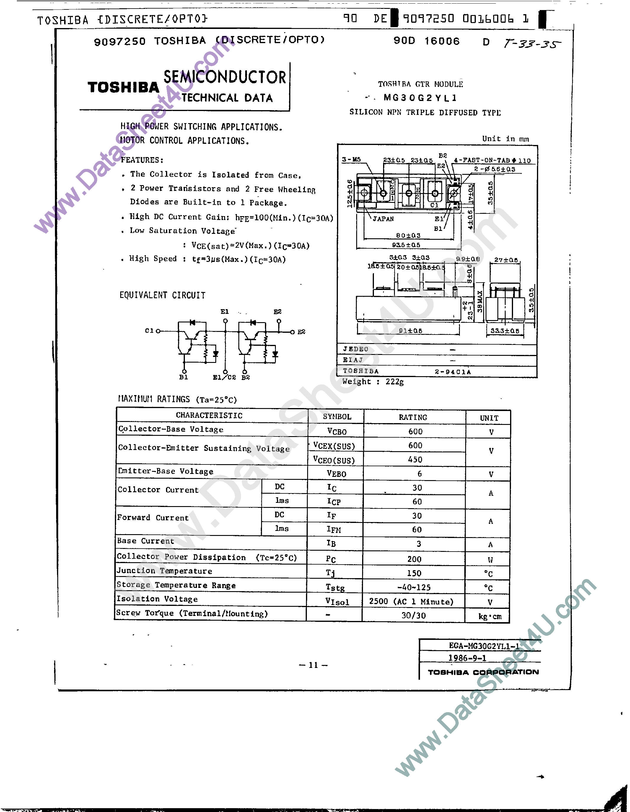 Datasheet MG50G2YL1A page 1 Datasheet MG50G2YL1A - High Power Switching Application / Motor Control page 1