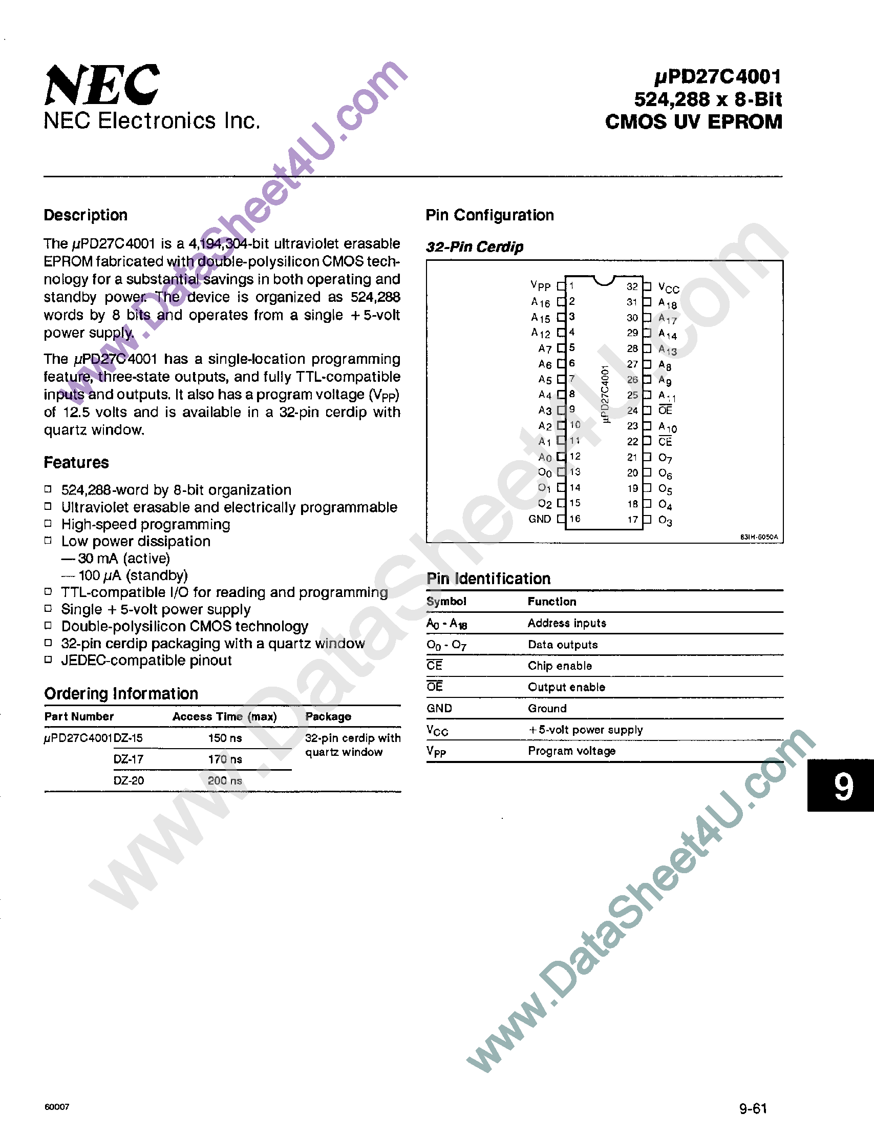Даташит UPD27C4001 - 524288 x 8-Bit CMOS UV EPROM страница 1