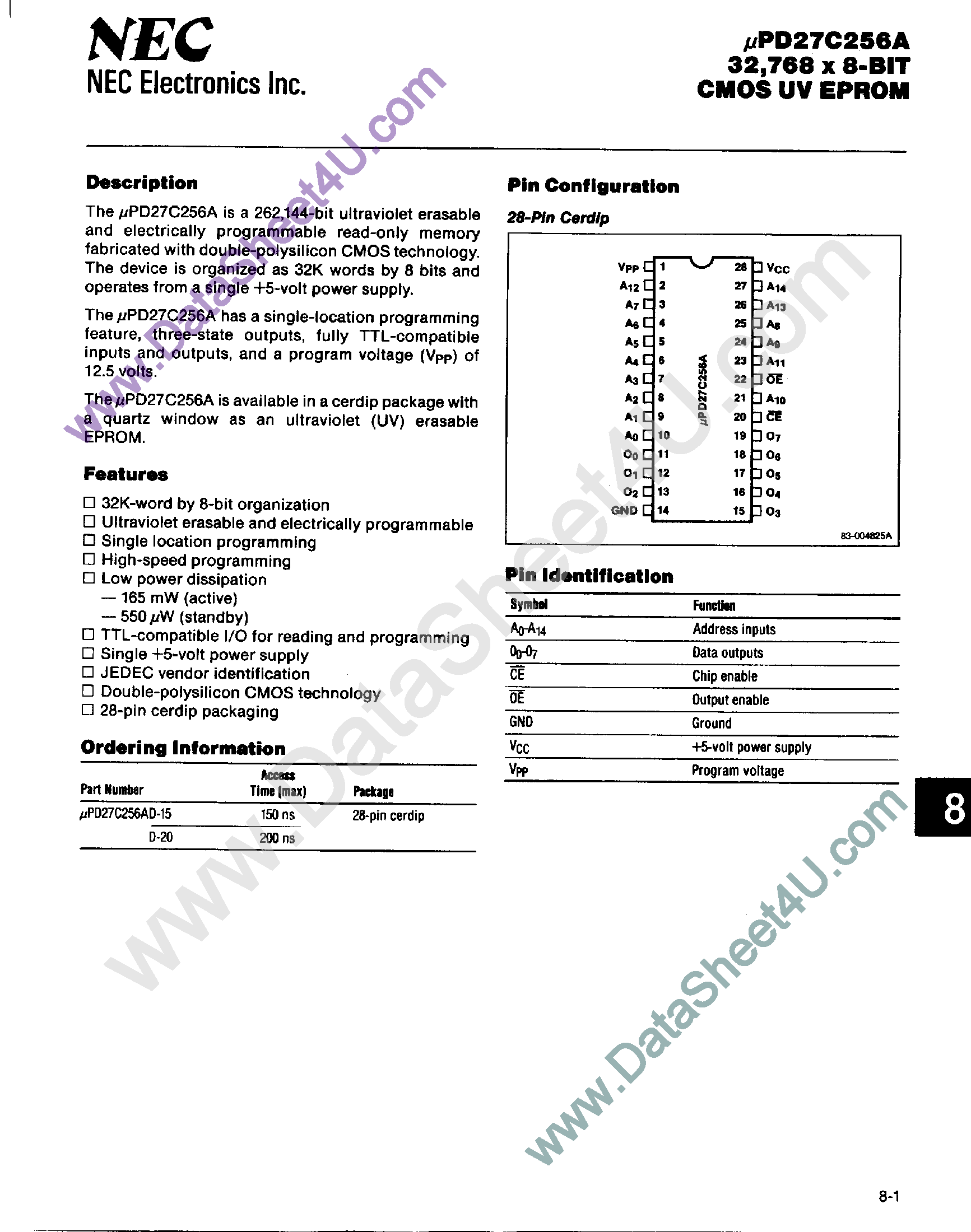 Даташит UPD27C256A - 32768 x 8-Bit CMOS UV EPROM страница 1