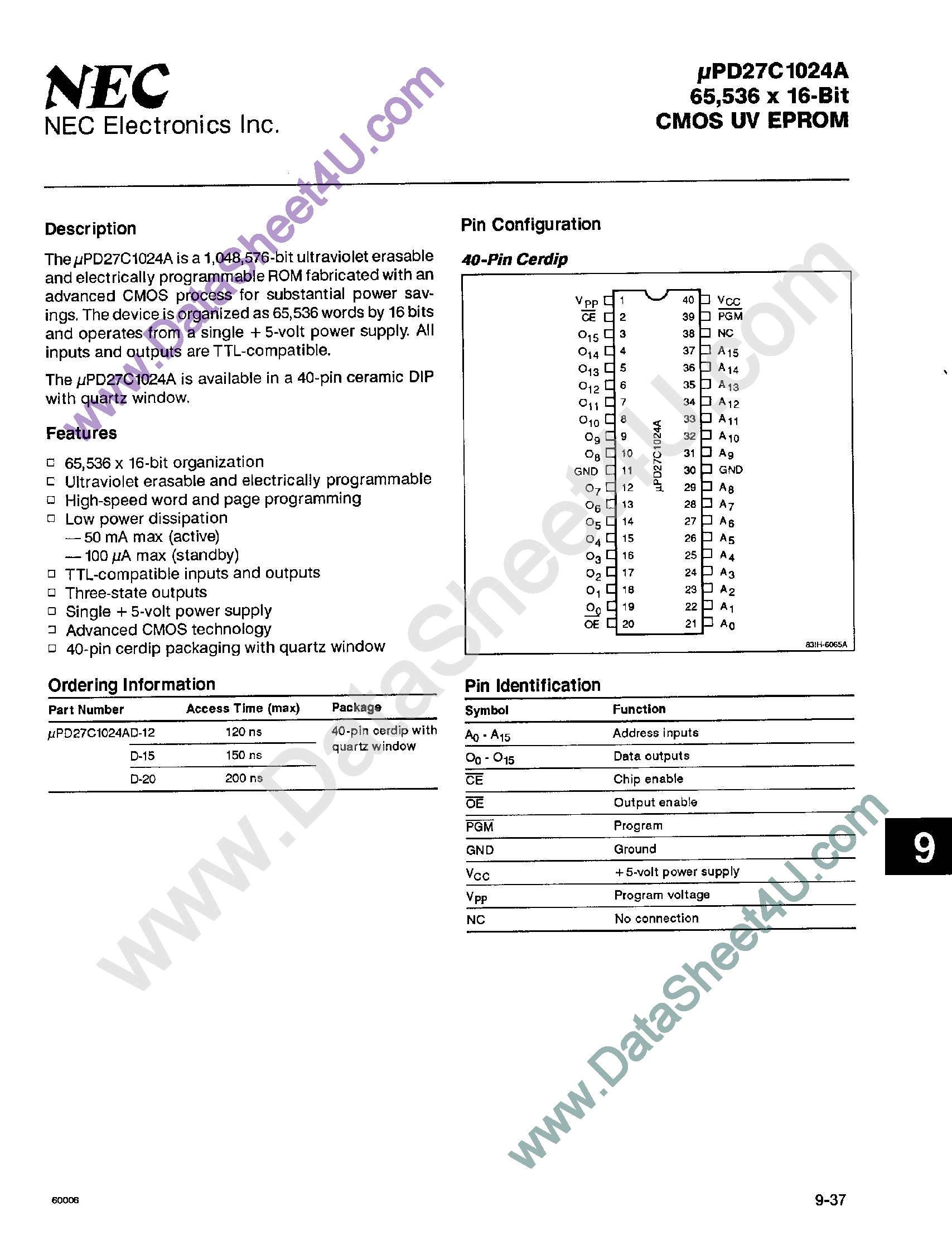 Datasheet UPD27C1024A - 65536 x 16-Bit CMOS UV EPROM page 1