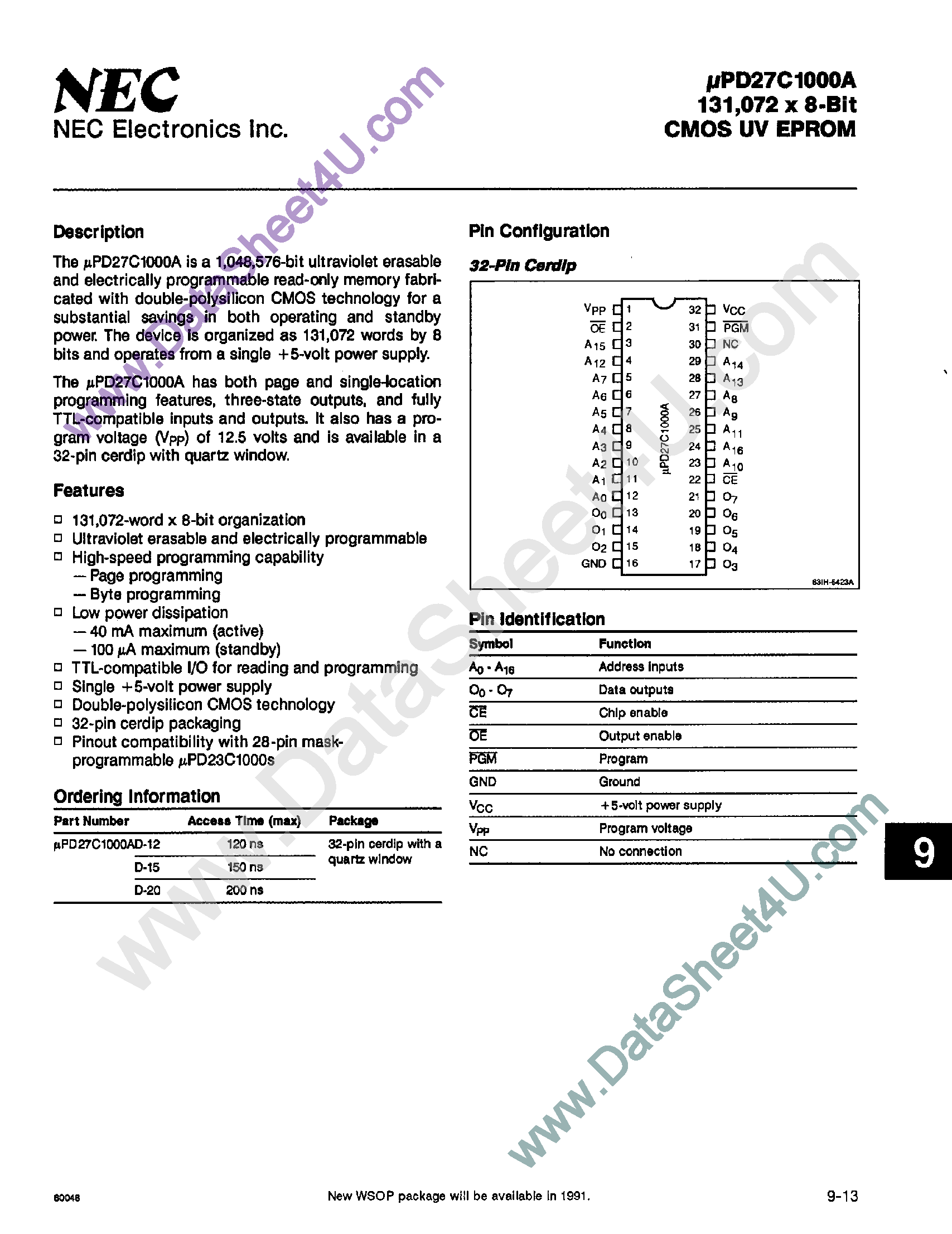Даташит UPD27C1000A - 131072 x 8-Bit CMOS UV EPROM страница 1