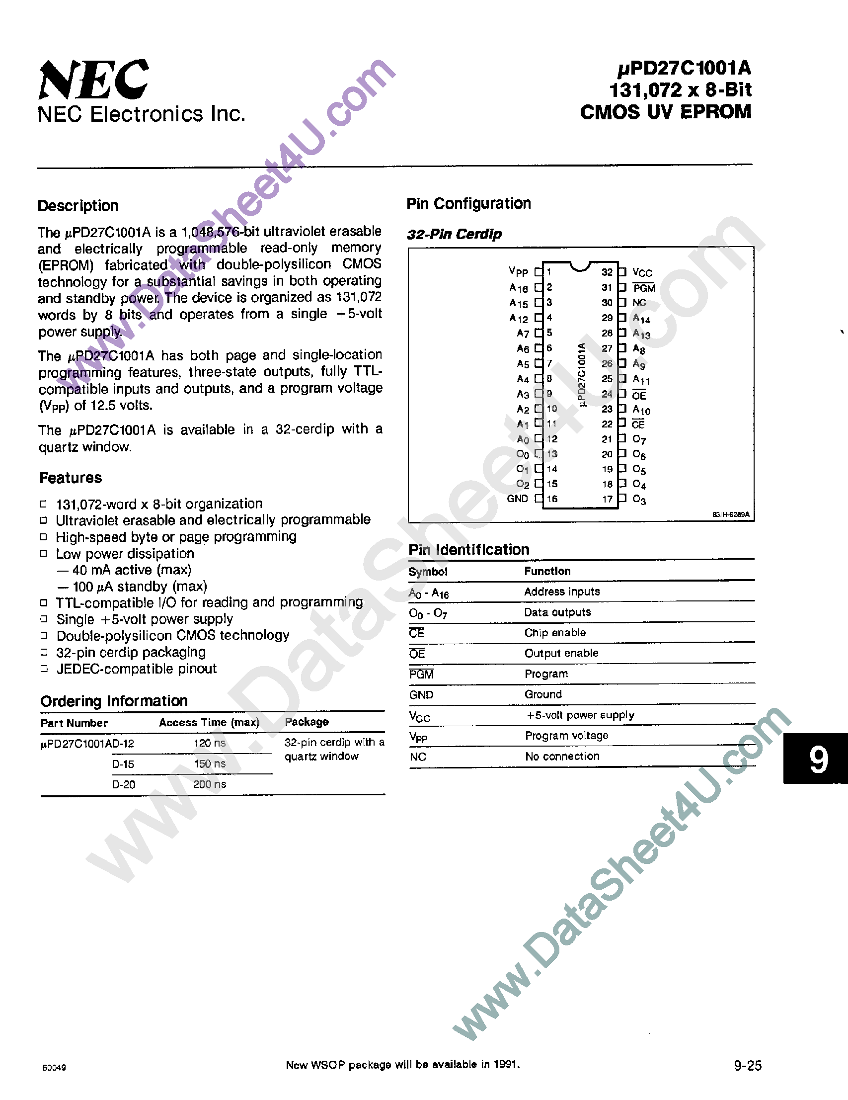 Даташит UPD27C1001A - 131072 x 8-Bit CMOS UV EPROM страница 1
