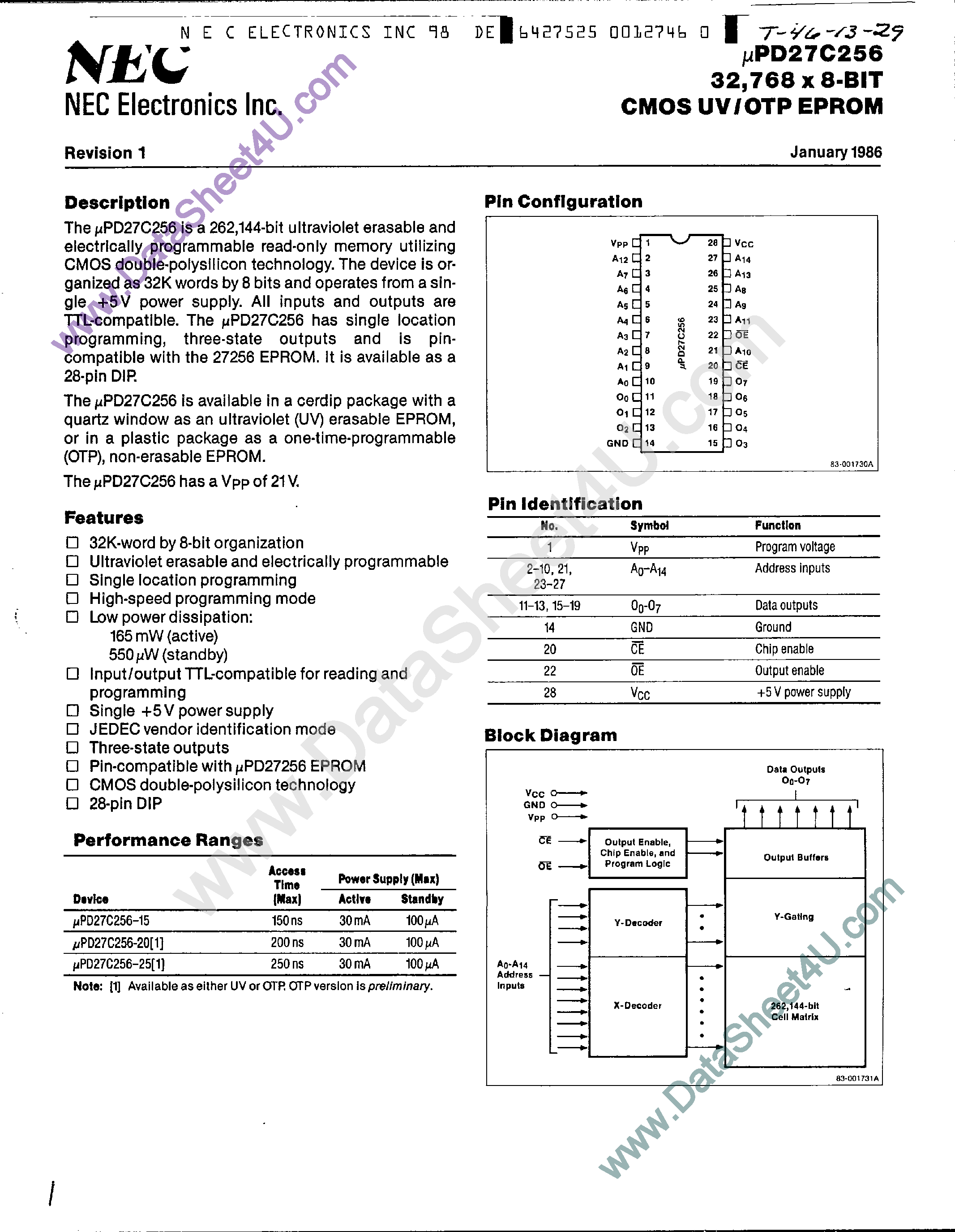Даташит UPD27C256 - 32768 x 8-Bit CMOS UV/OTP EPROM страница 1