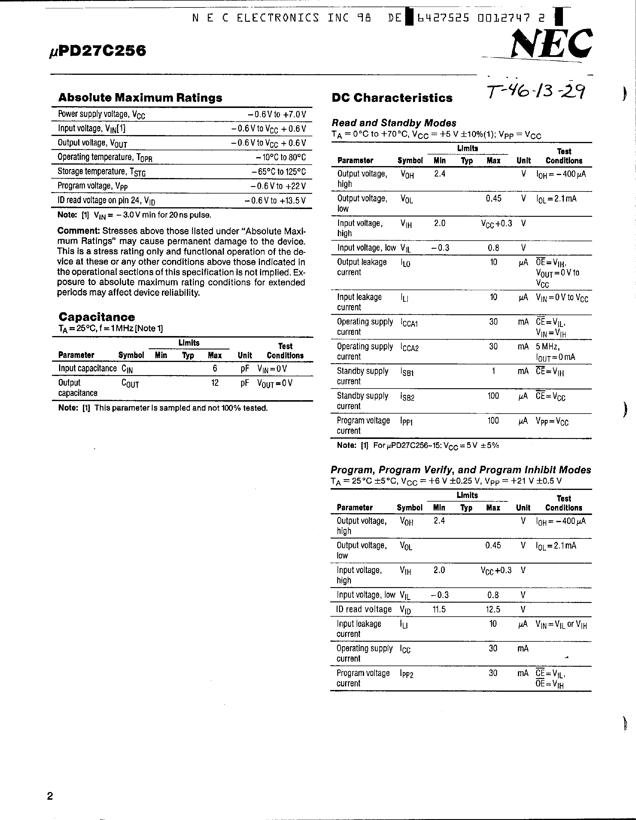 Даташит UPD27C256 - 32768 x 8-Bit CMOS UV/OTP EPROM страница 2