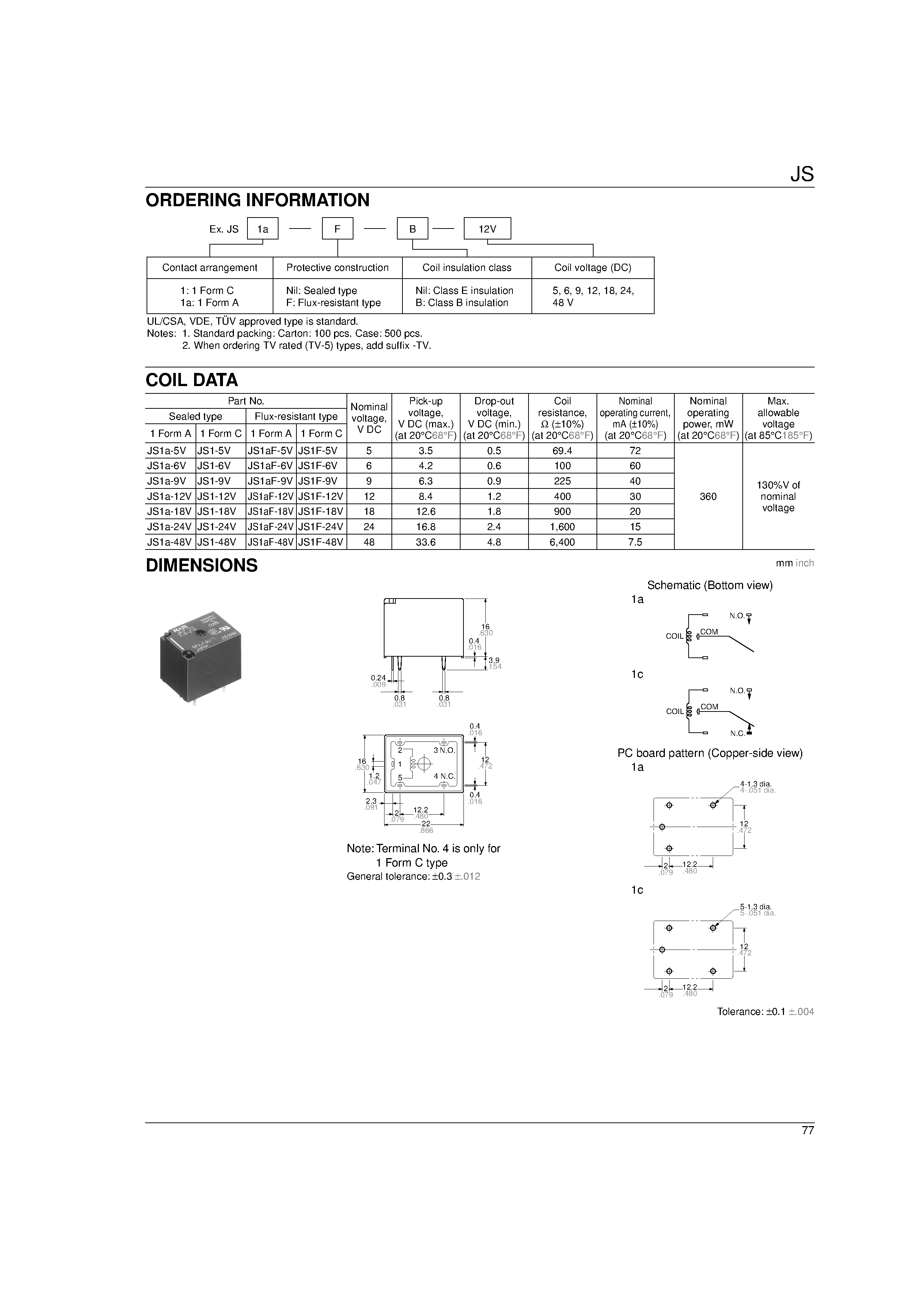 Даташит JS1-xxx - (JS Series) ULTRA-MINIATURE PC BOARD TYPE POWER RELAY страница 2