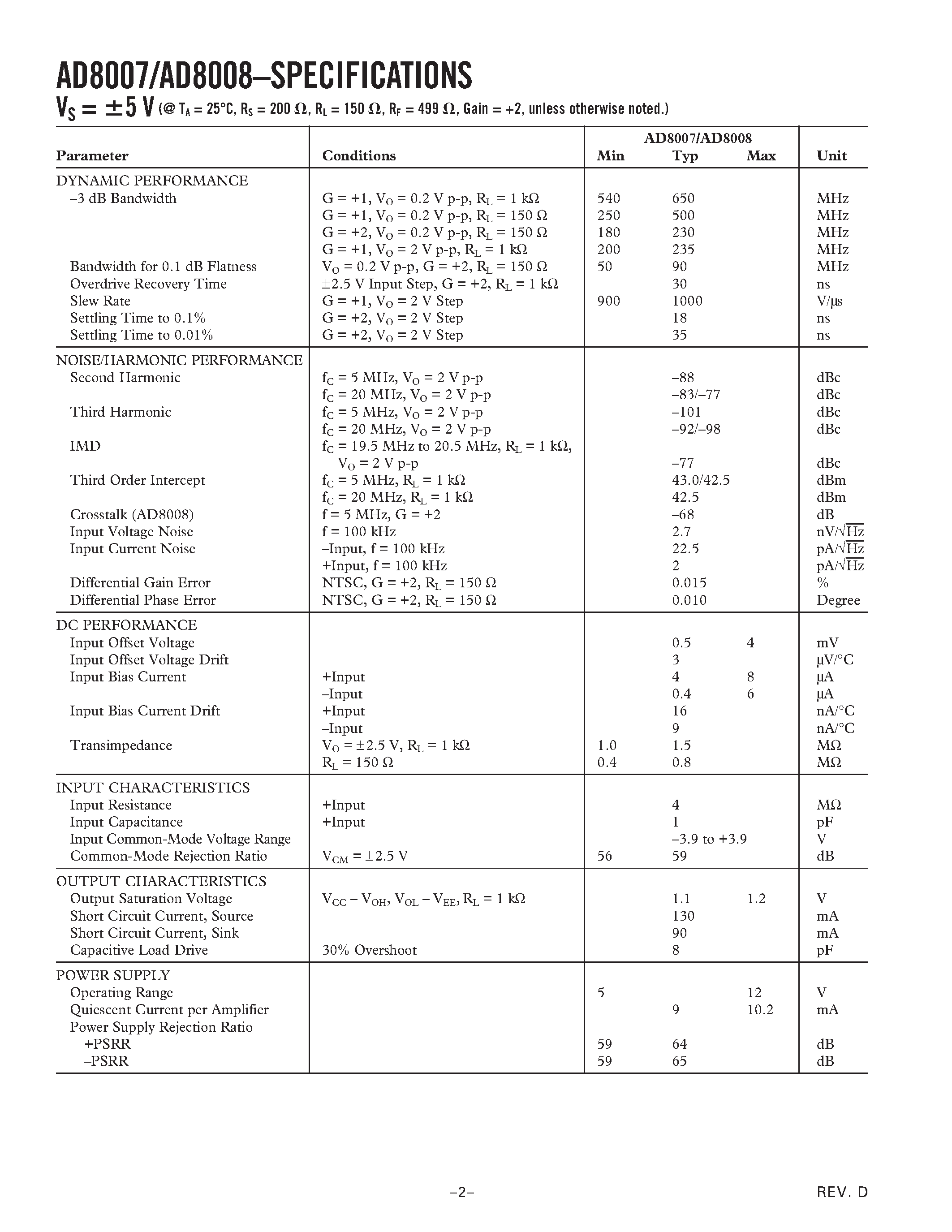Даташит на микросхему AD8007 страница 2 Даташит AD8007 - (AD8007 / AD8008) Ultralow Distorton High Speed Amplifiers страница 2