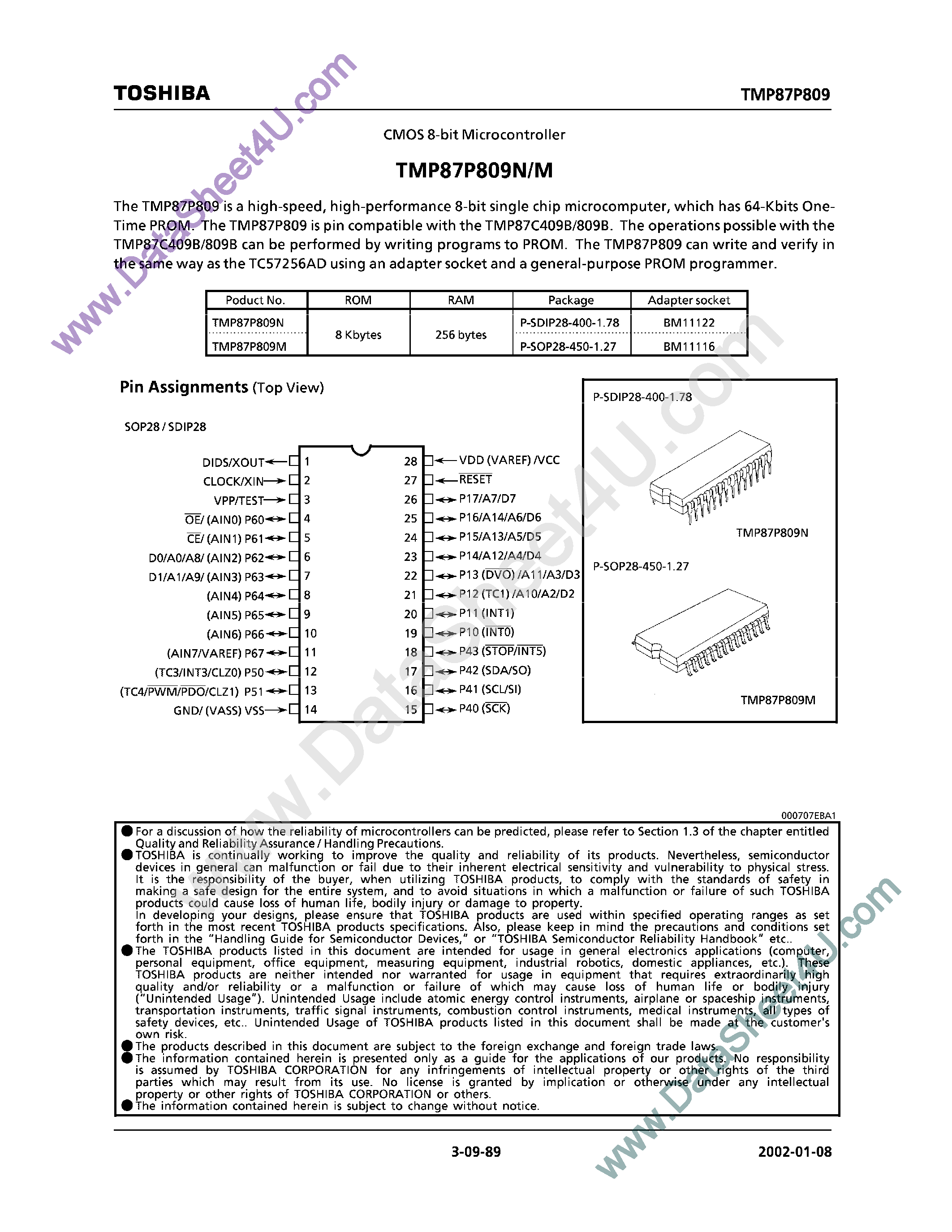 Datasheet TMP87P809M page 1 Datasheet TMP87P809M - (TMP87P809N/M) CMOS 8-Bit Microcontroller page 1