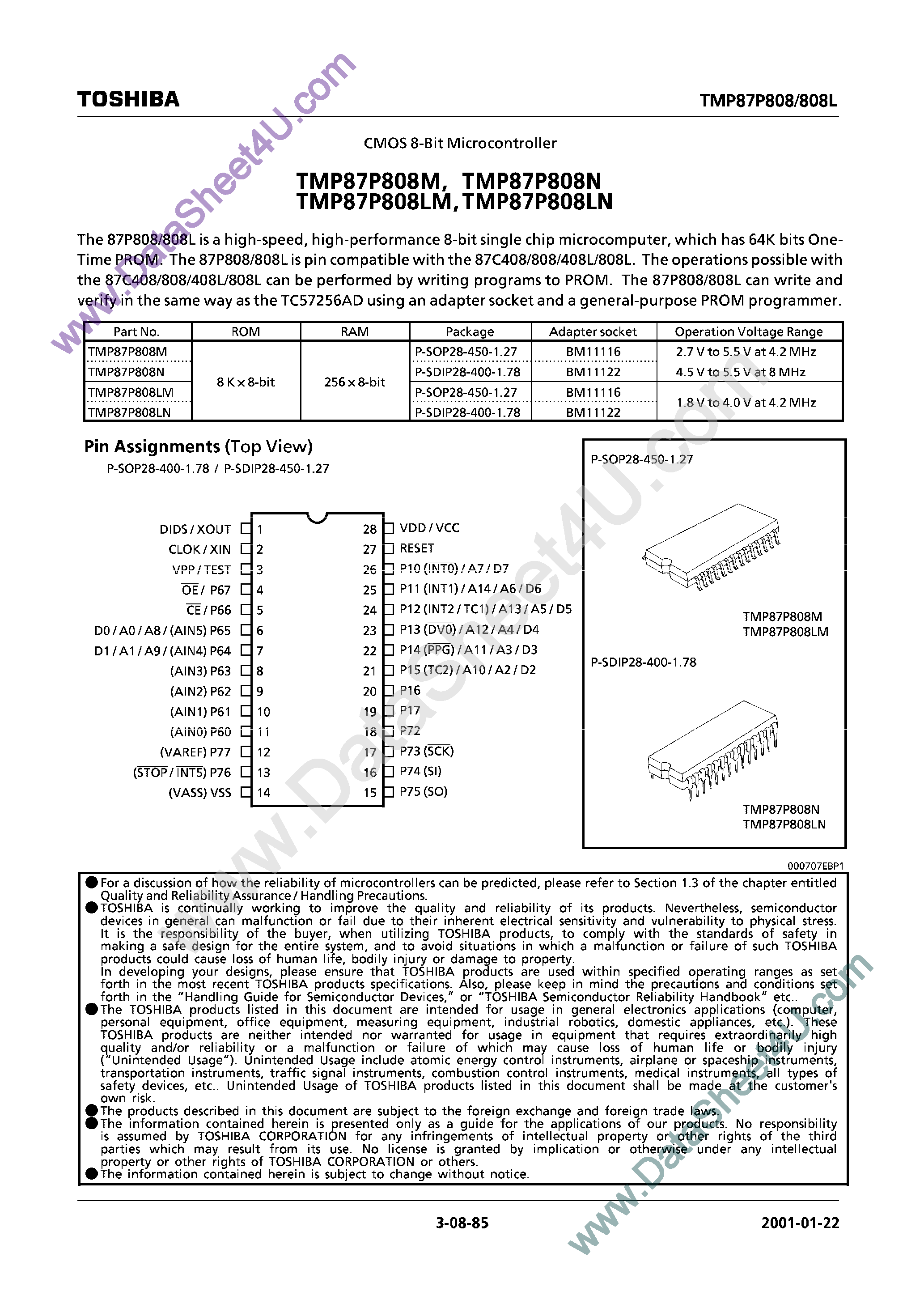Datasheet TMP87P808 - CMOS 8-Bit Microcontroller page 1