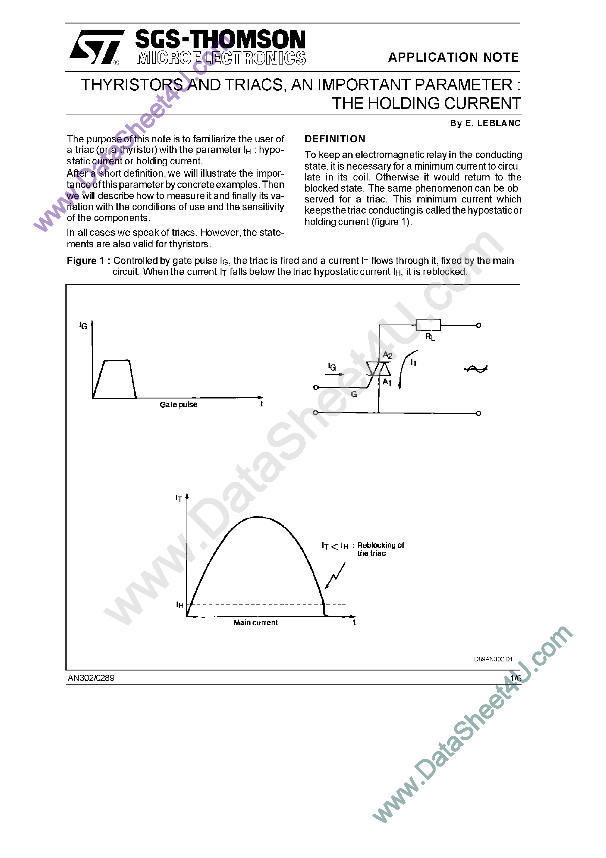 Datasheet AN302 - THYRISTORS AND TRIACS / AN IMPORTANT PARAMETER page 1