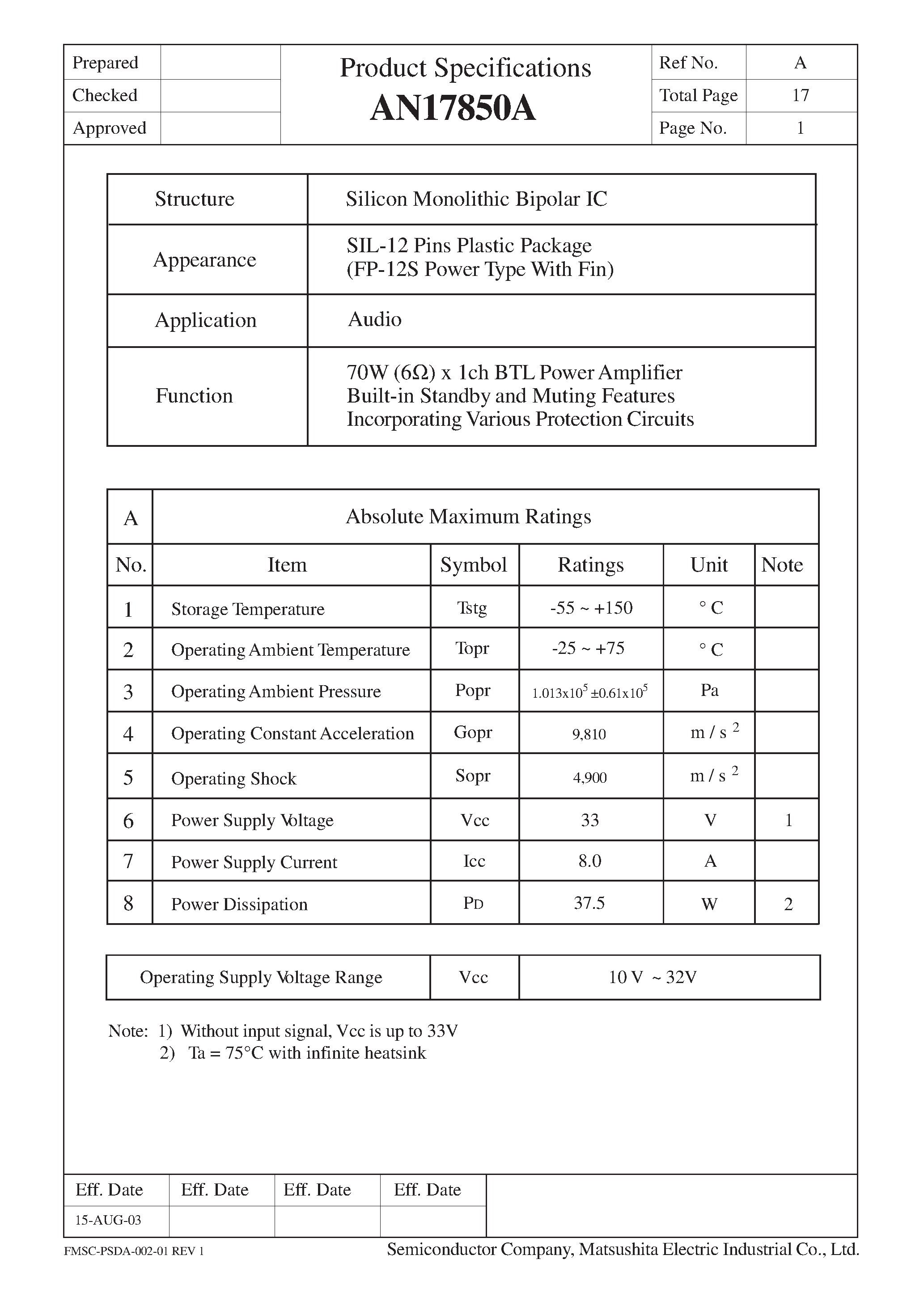 Datasheet AN17850A page 1 Datasheet AN17850A - 70W x 1-Ch BTL Power Amplifier page 1
