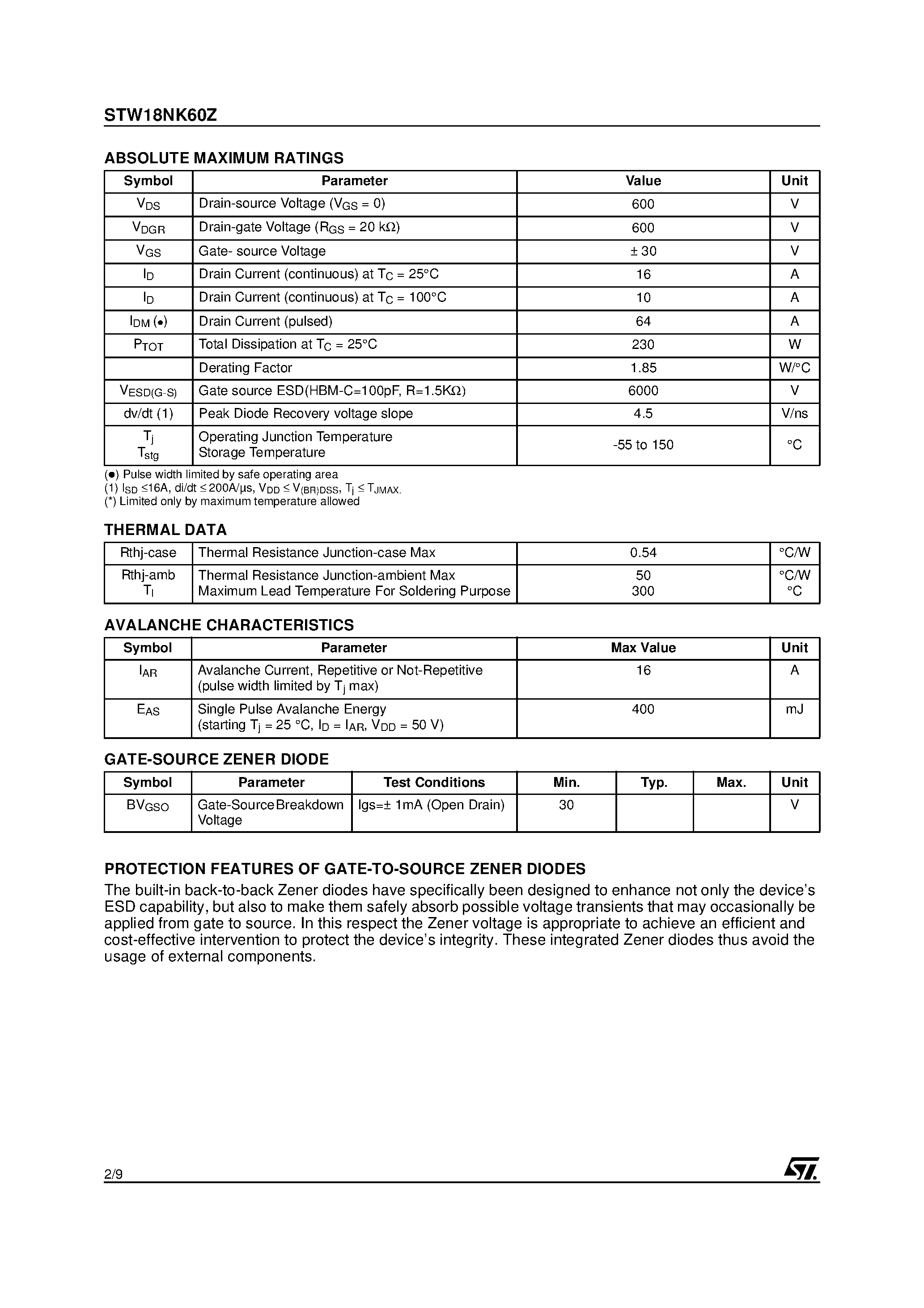 Datasheet STW18NK60Z - N-CHANNEL MOSFET page 2