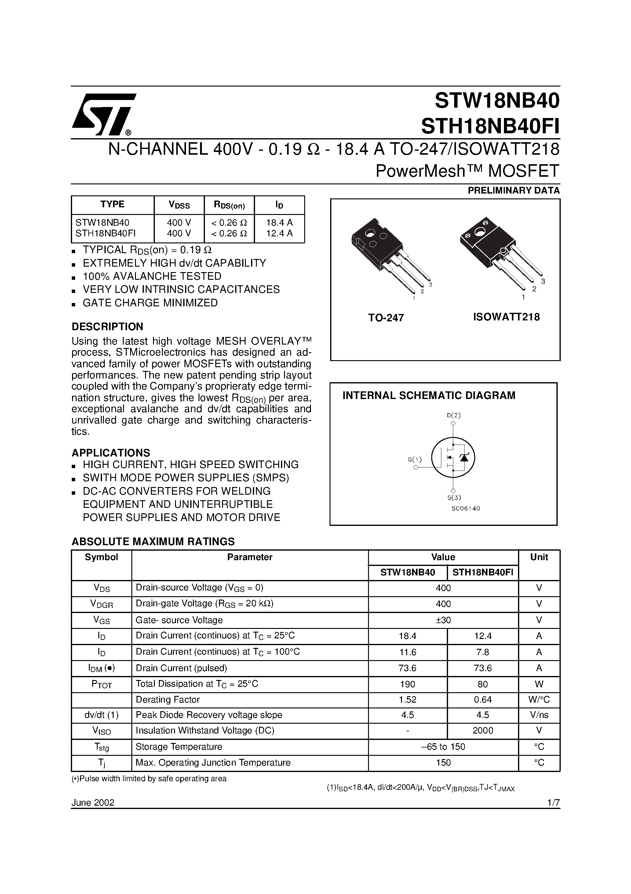 Datasheet STW18NB40 page 1 Datasheet STW18NB40 - N-CHANNEL MOSFET page 1