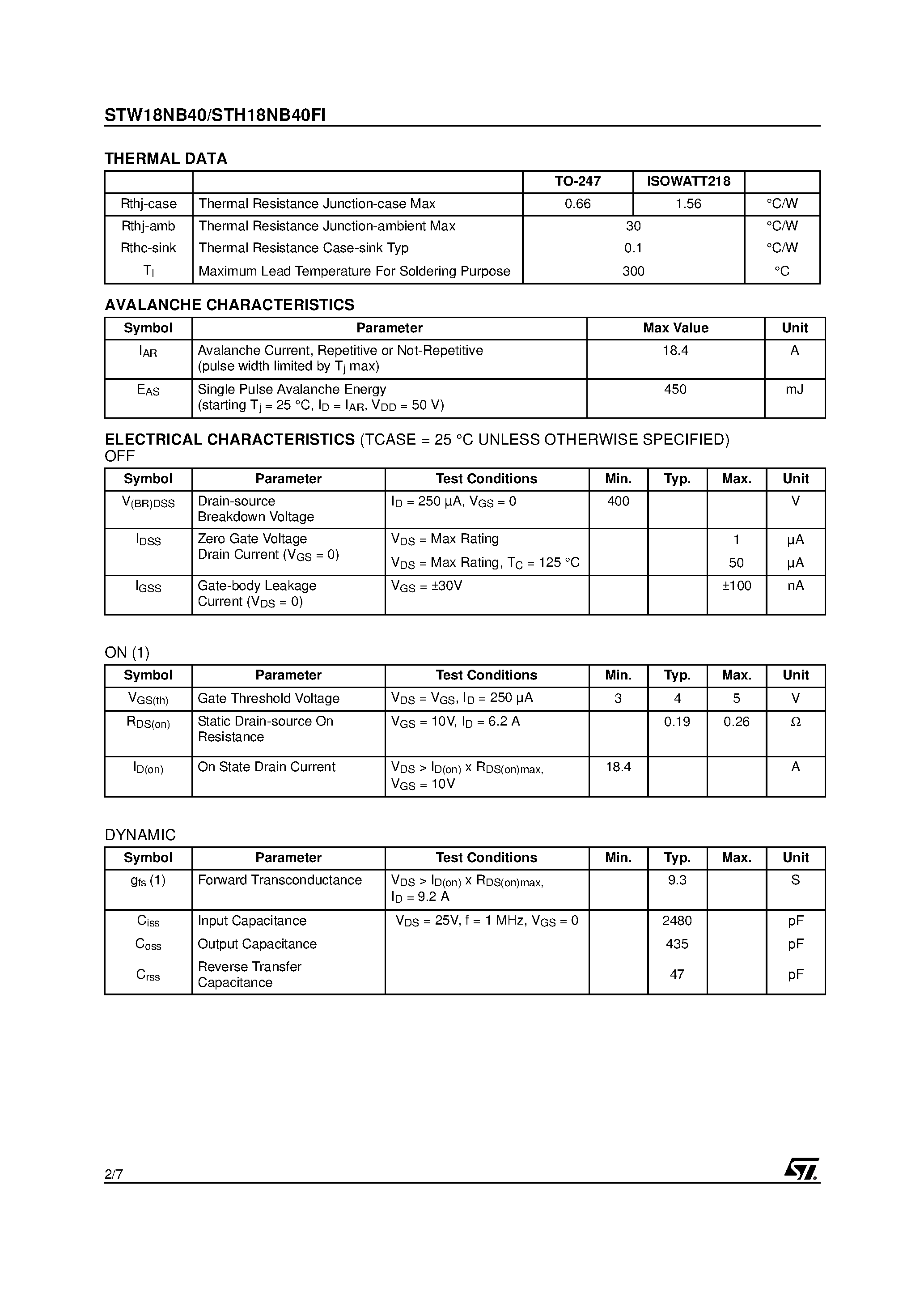 Datasheet STW18NB40 page 2 Datasheet STW18NB40 - N-CHANNEL MOSFET page 2