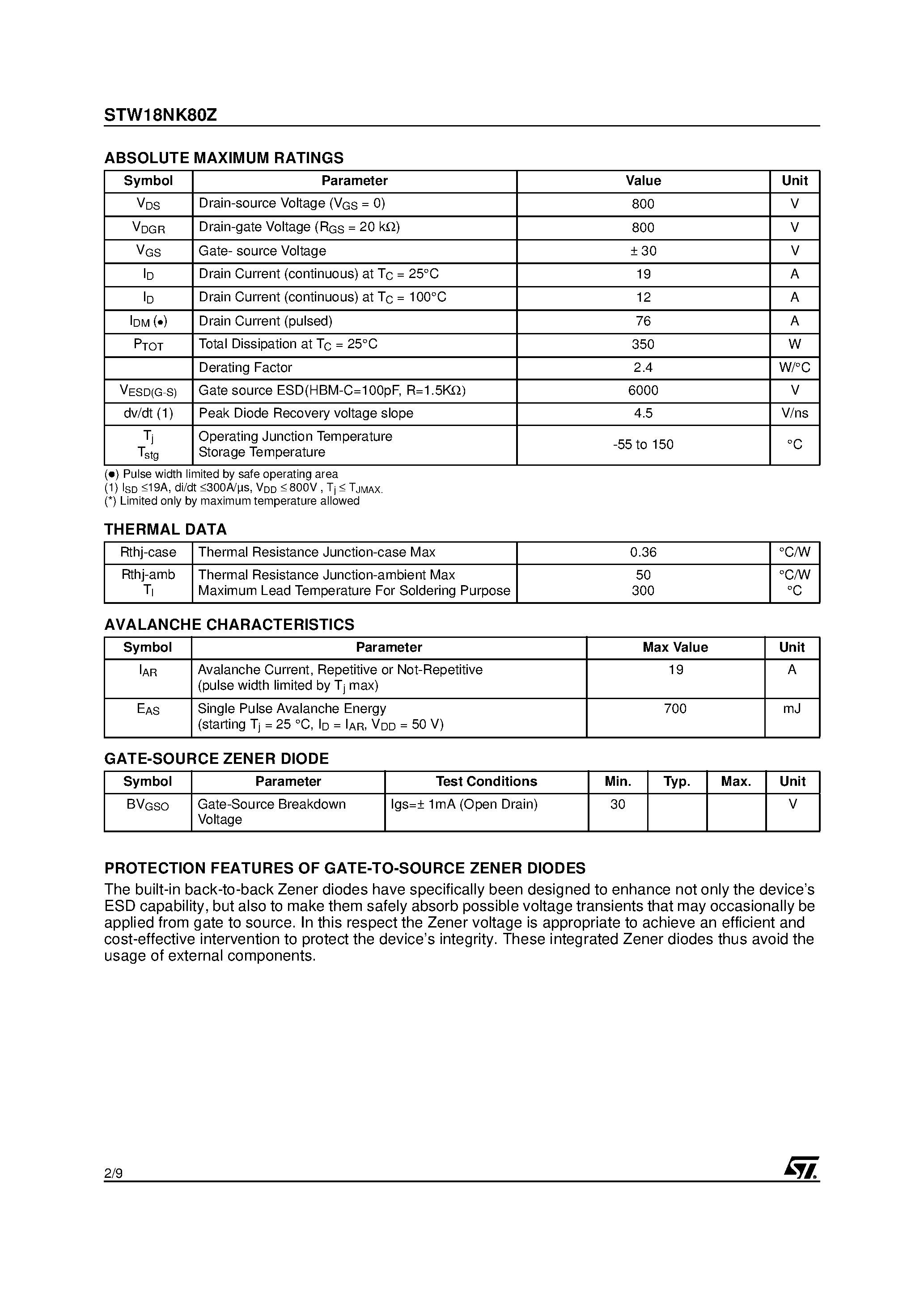 Datasheet STW18NK80Z - N-CHANNEL MOSFET page 2
