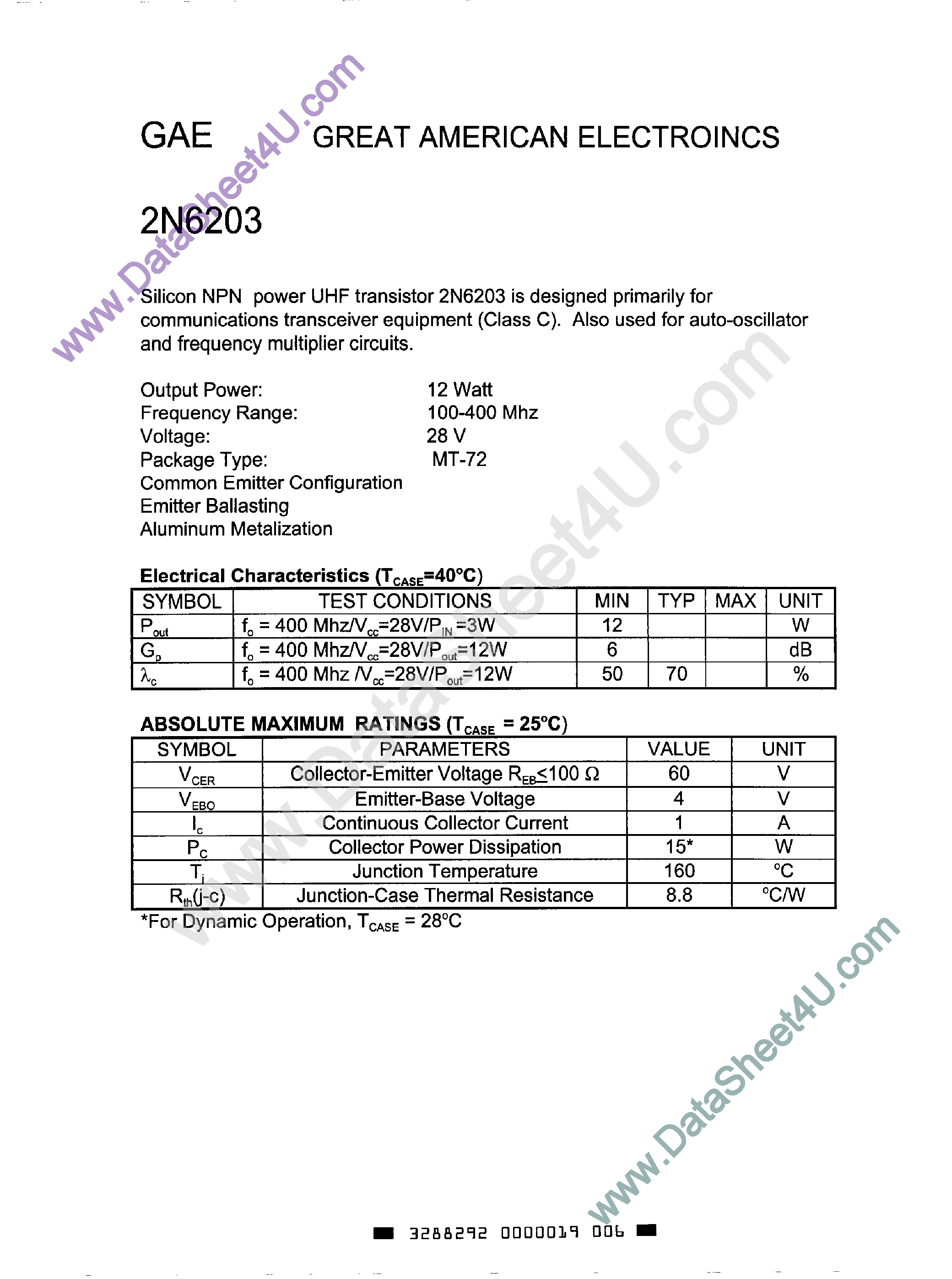 Datasheet 2N6203 - Silicon NPN Power UHF Transistor page 1