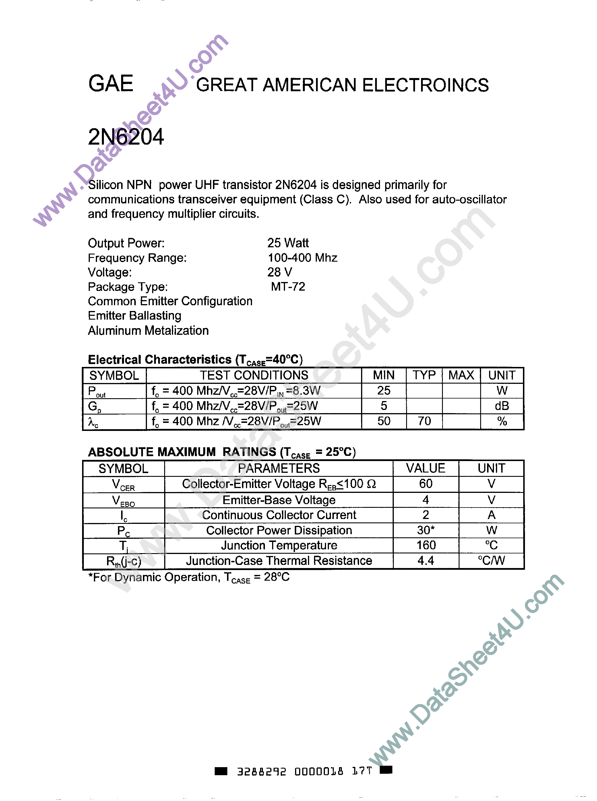 Datasheet 2N6204 - Silicon NPN Power UHF Transistor page 1