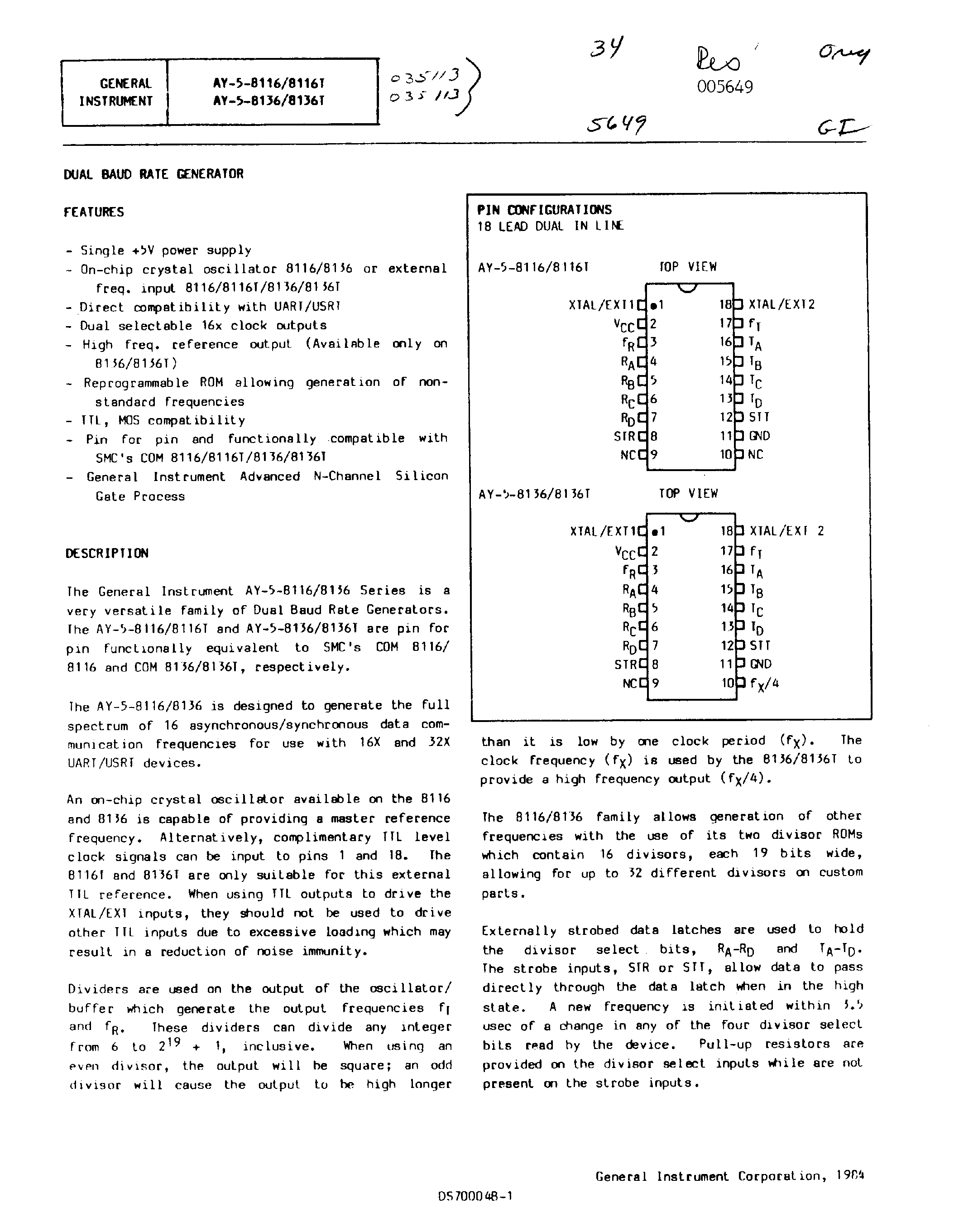 Даташит AY-5-8116 - (AY-5-8116 / AY-5-8136) DUAL BAUD RATE GENERATOR страница 1