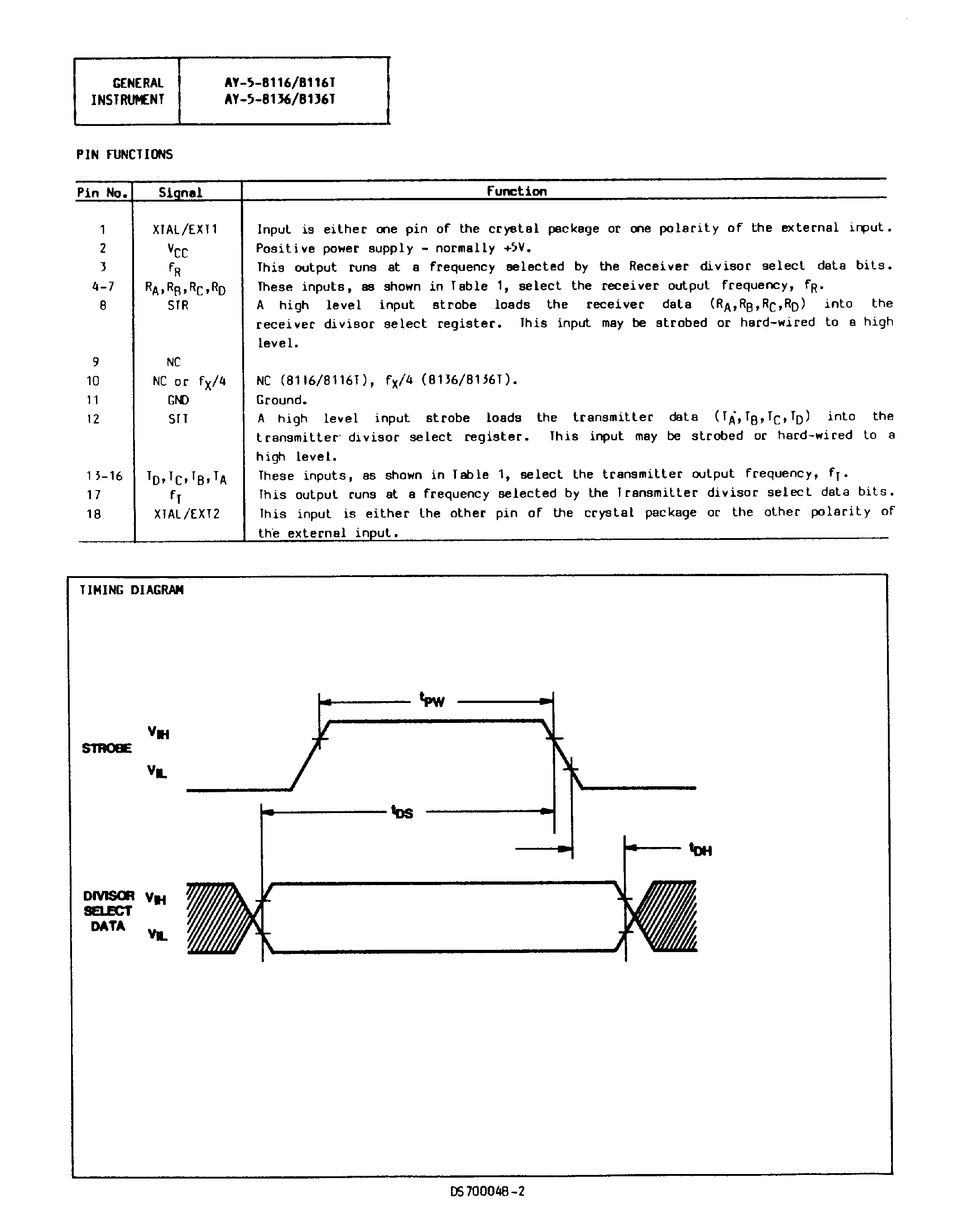 Даташит AY-5-8116 - (AY-5-8116 / AY-5-8136) DUAL BAUD RATE GENERATOR страница 2
