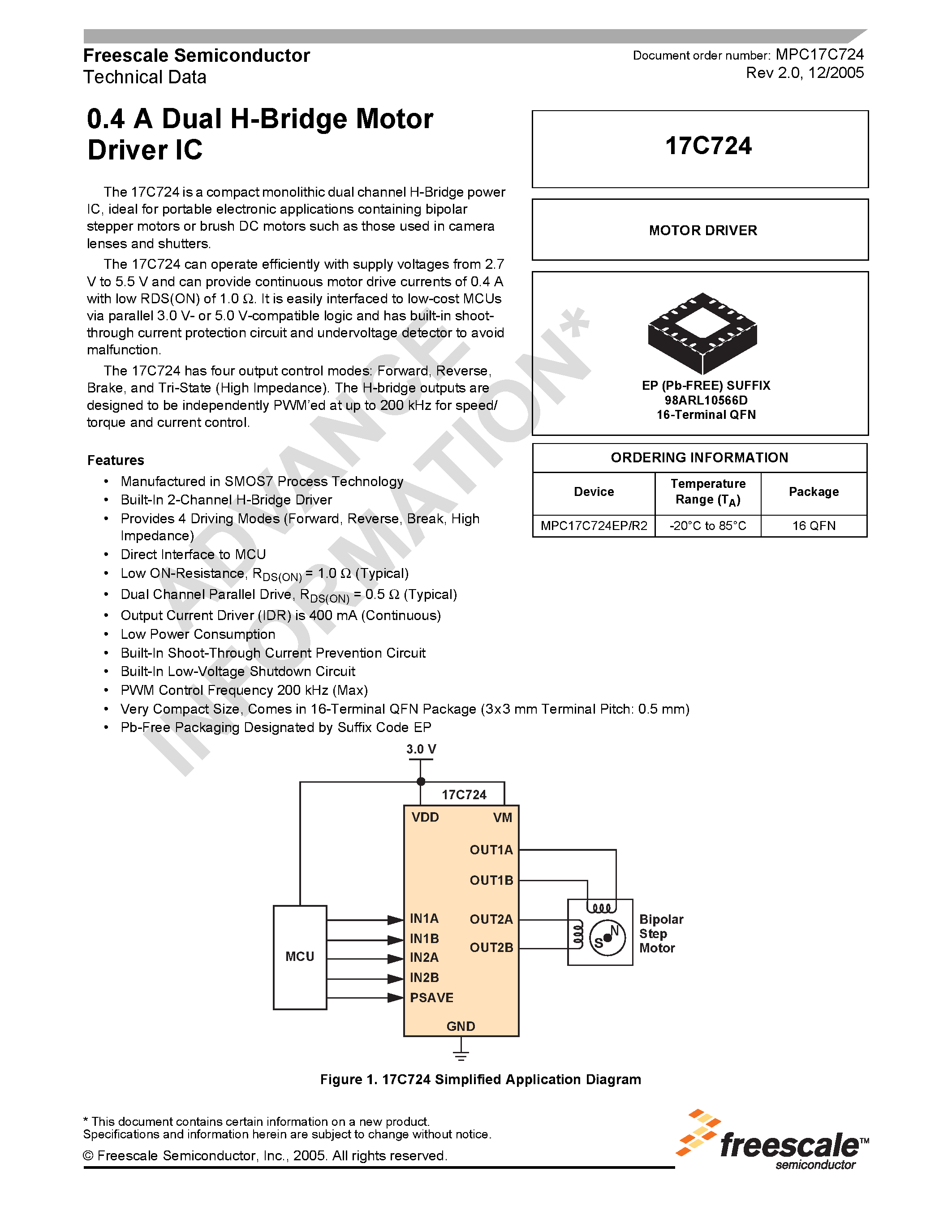 Datasheet MPC17C724 page 1 Datasheet MPC17C724 - 0.4 A Dual H-Bridge Motor Driver IC page 1