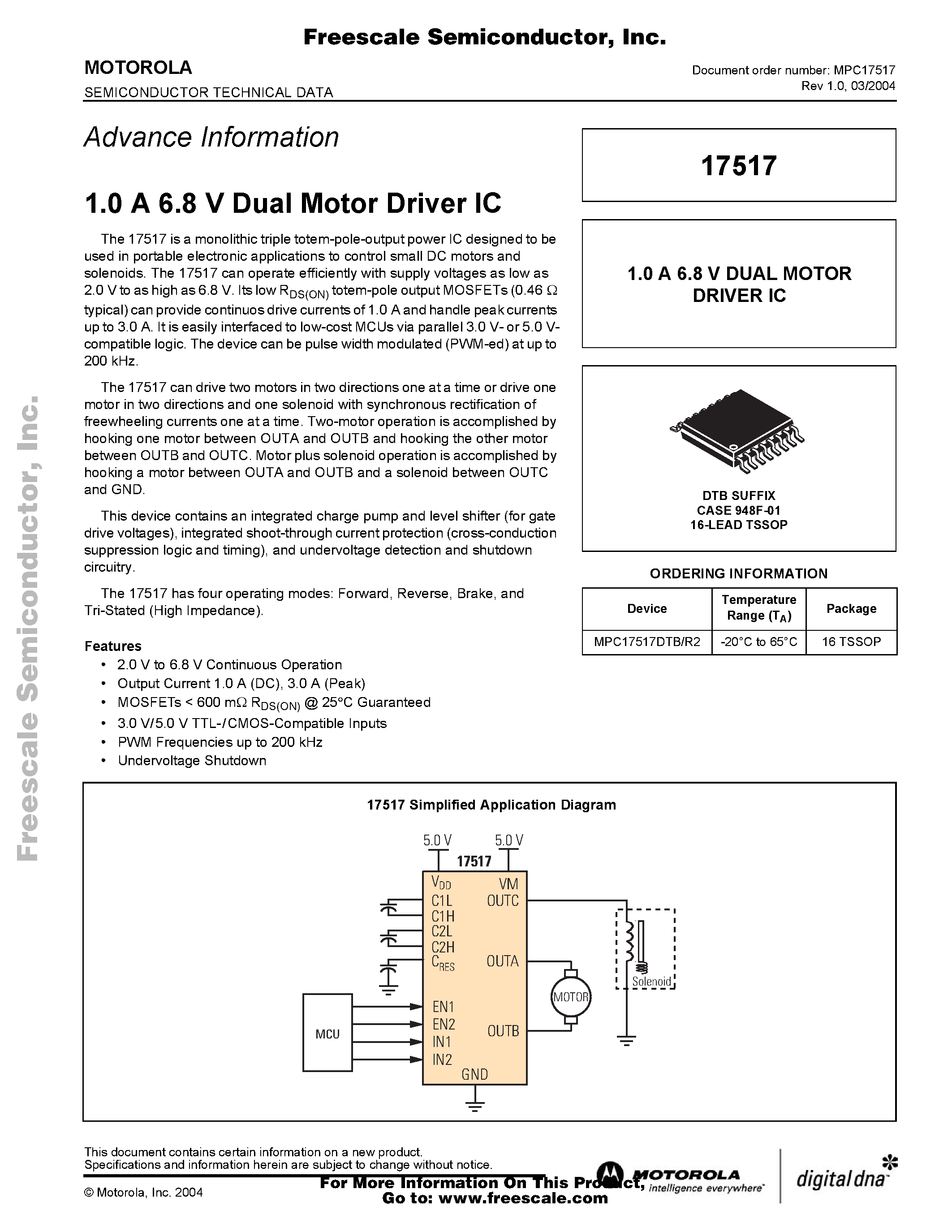 Datasheet MPC17517 - 1.0 A 6.8 V Dual Motor Driver IC page 1