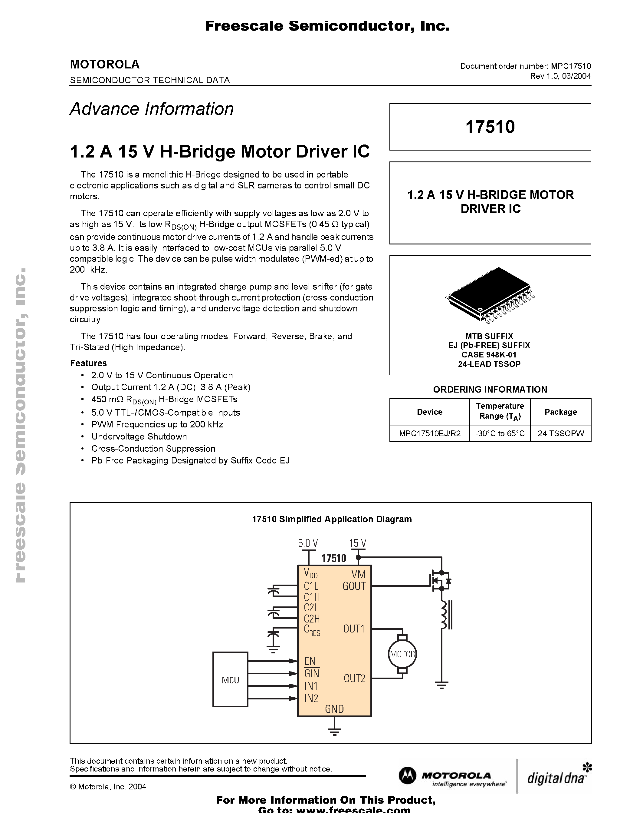 Datasheet MPC17510 page 1 Datasheet MPC17510 - 1.2 A 15 V H-Bridge Motor Driver IC page 1