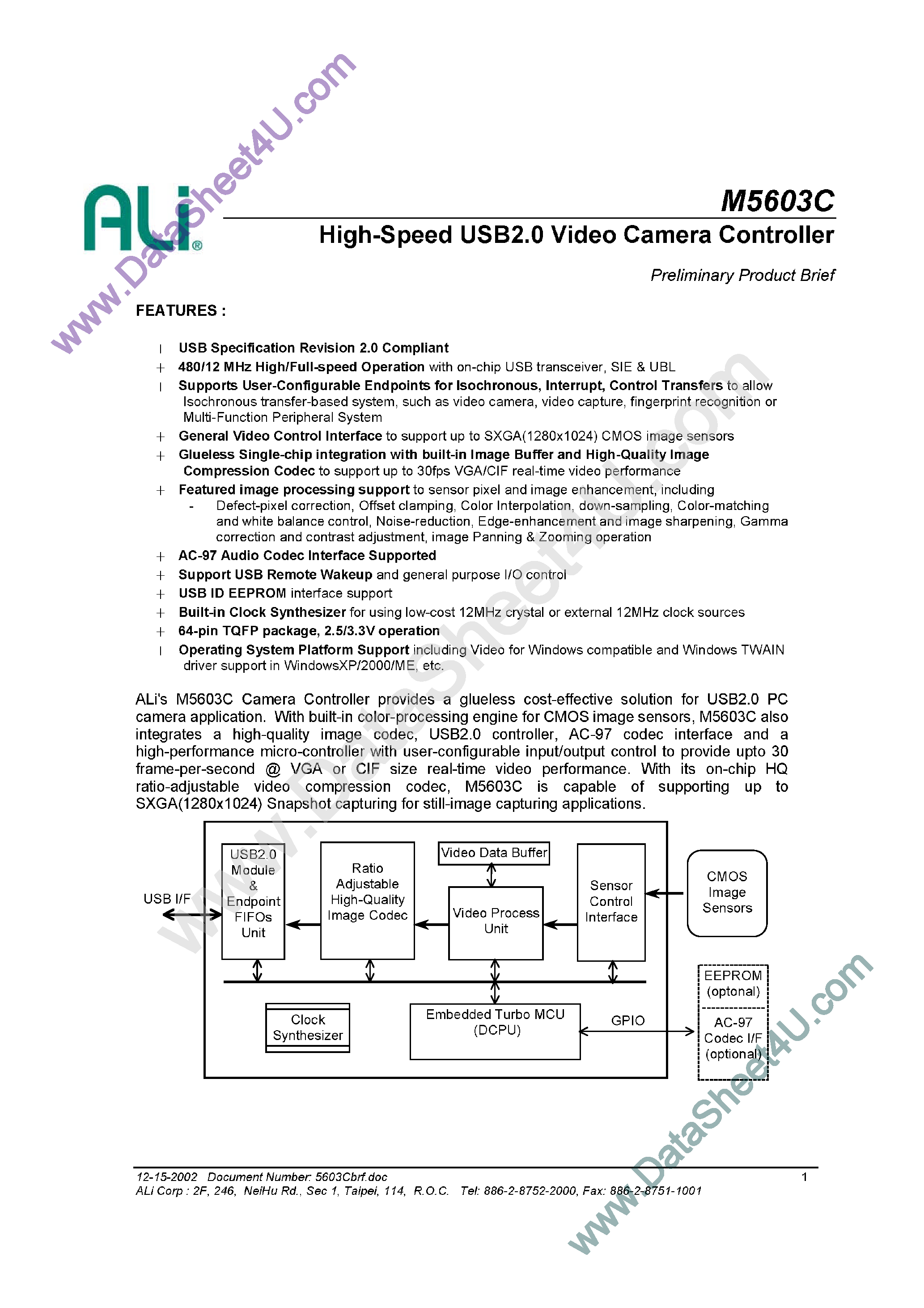 Datasheet M5603C page 1 Datasheet M5603C - USB2.0 Video Camera Controller page 1