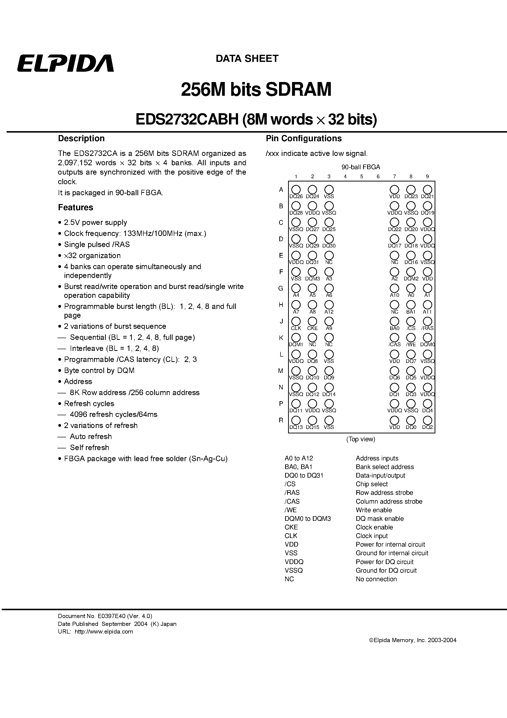 Даташит EDS2732CABH - 256M bits SDRAM (8M words x 32 bits) страница 1