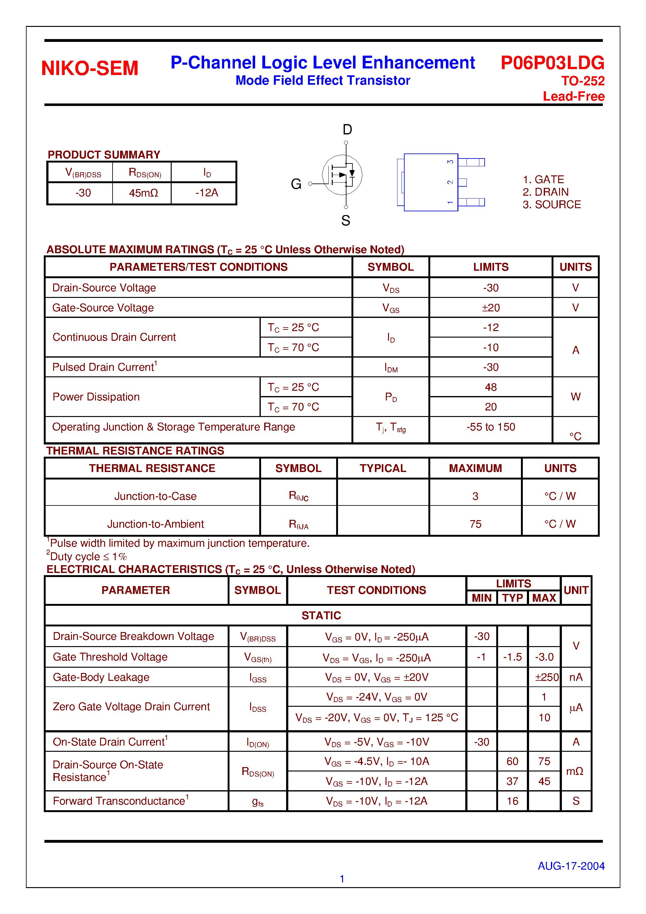 Datasheet P06P03LDG page 1 Datasheet P06P03LDG - P-Channel Logic Level Enhancement Mode Field Effect Transistor page 1