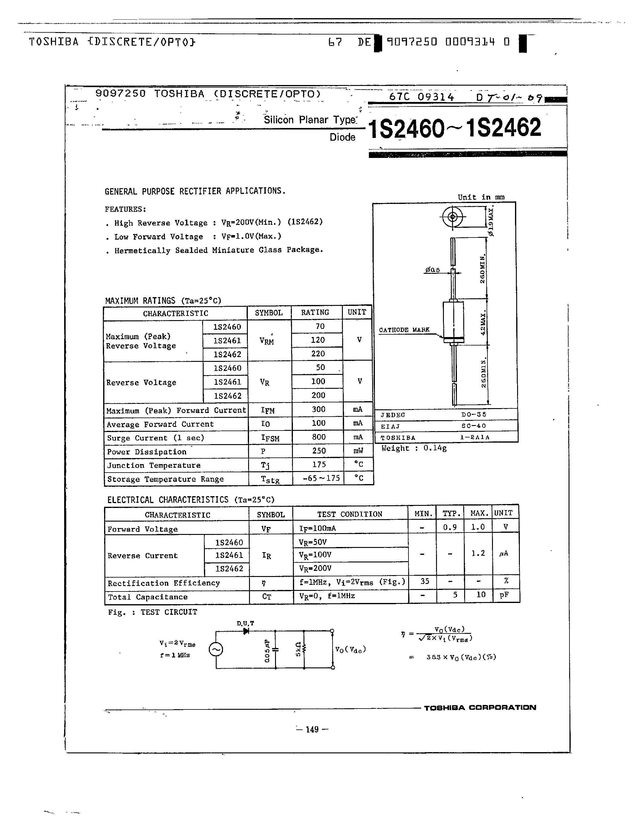 Datasheet 1S2460 page 1 Datasheet 1S2460 - (1S2460 - 1S2462) GENERAL PURPOSE RECTIFIER APPLICATIONS page 1